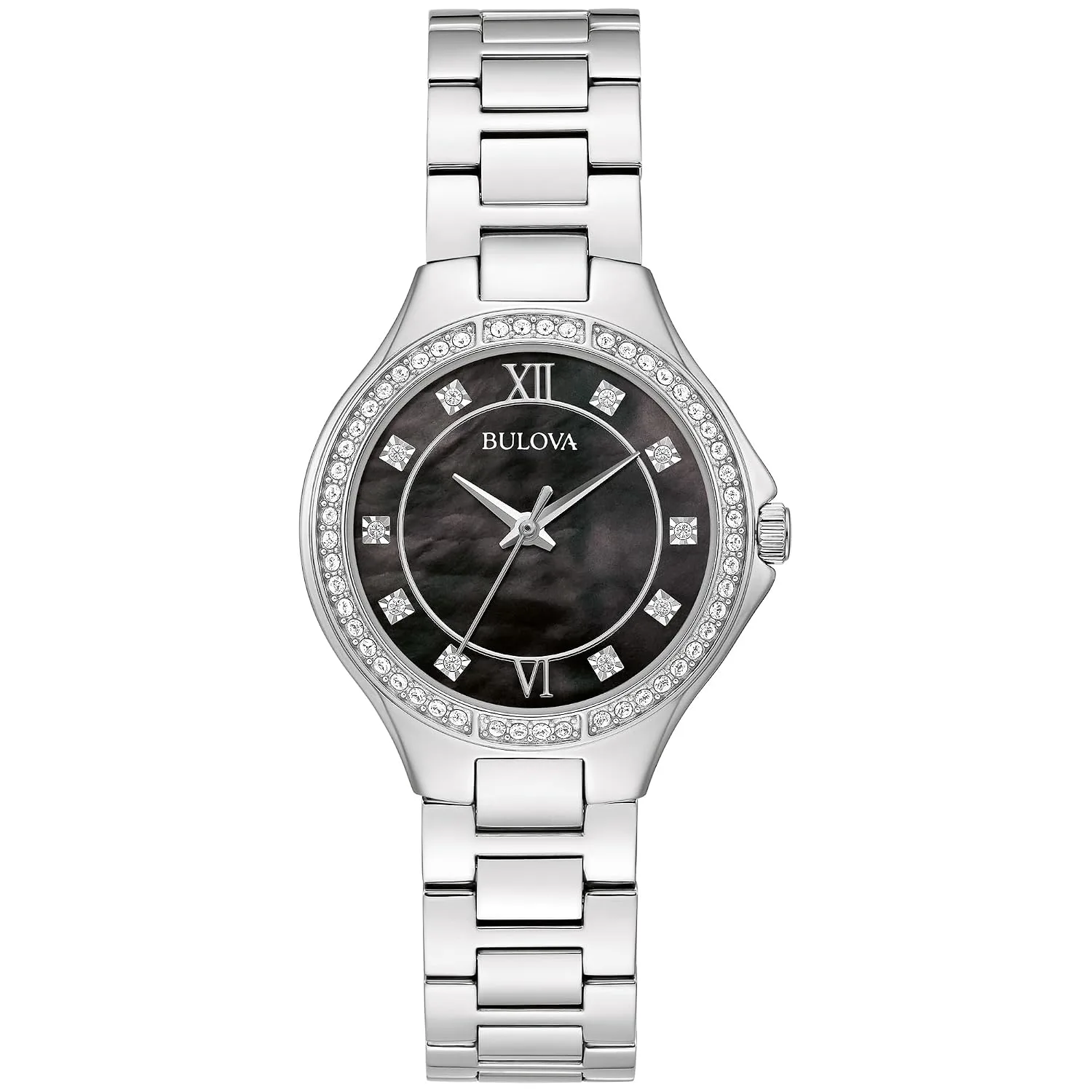 Bulova Ladies Quartz Dress Classic Watch, Silver-Tone Stainless Steel Bracelet, Black Dial Style: 96L300