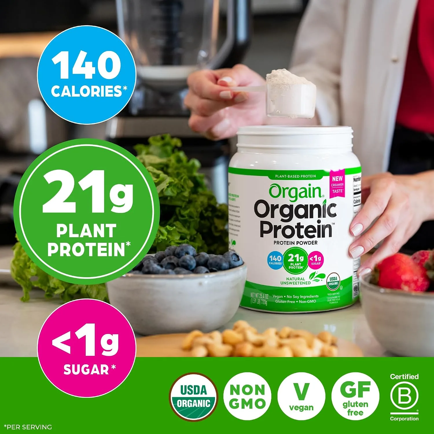 Orgain Organic Vegan 21g Protein Powder, Natural Unsweetened, 1.59 lb