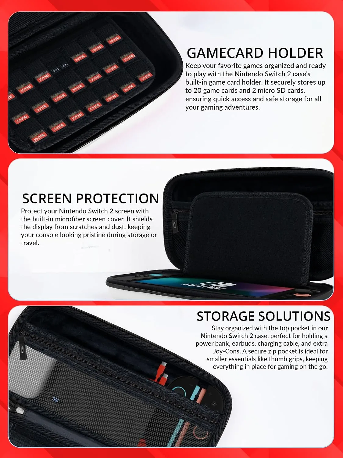 Orzly Case Compatible with Nintendo Switch 2 – Protective Travel Carry Case with Screen Padding, Game Card & microSD Slots, Zipped & Open Pockets for Accessories – 7.9" Gift Boxed