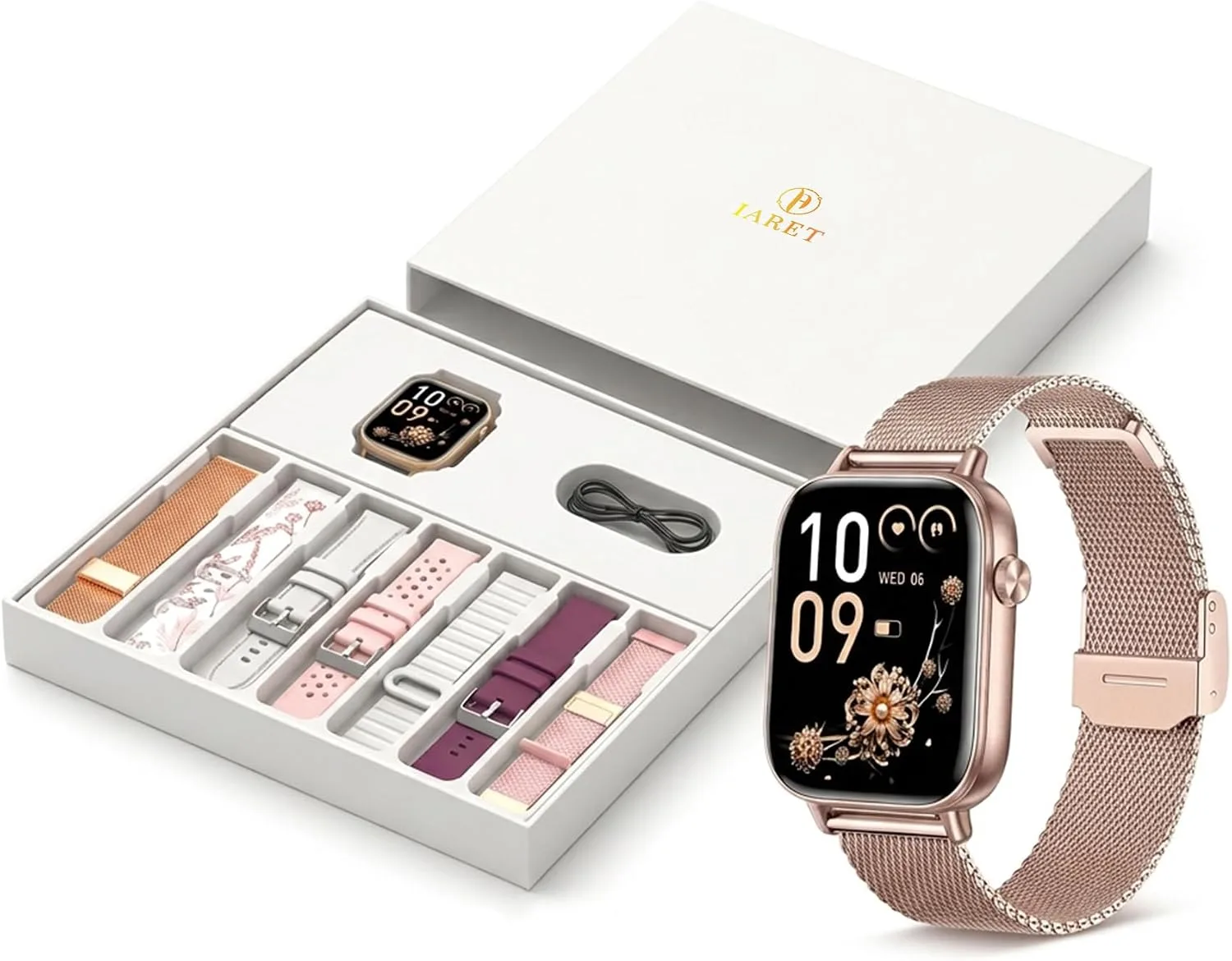 Iaret Smart Watch for Women, 1.83" HD Fitness Tracker with 7 Bands & 2 Charms, Answer/Make Calls, Heart Rate/Sleep/SpO2/Step Tracking, 100+ Sport Modes, Android/iPhone Compatible Gift Set (Rose Gold)
