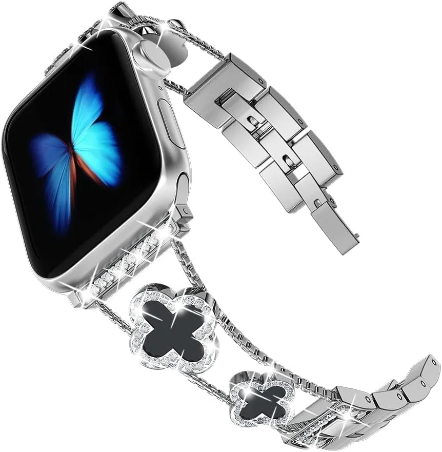 Musk-MSKR Diamond Metal Bands Add Sparkle to Your Watch For Apple Watch Series 12/11/10/9/8/7/6/5/4/3/2/SE/Ultra Clover Simple and Stylish Compatible with 38mm40mm41mm42mm44mm45mm 46mm49mm Women's Wear