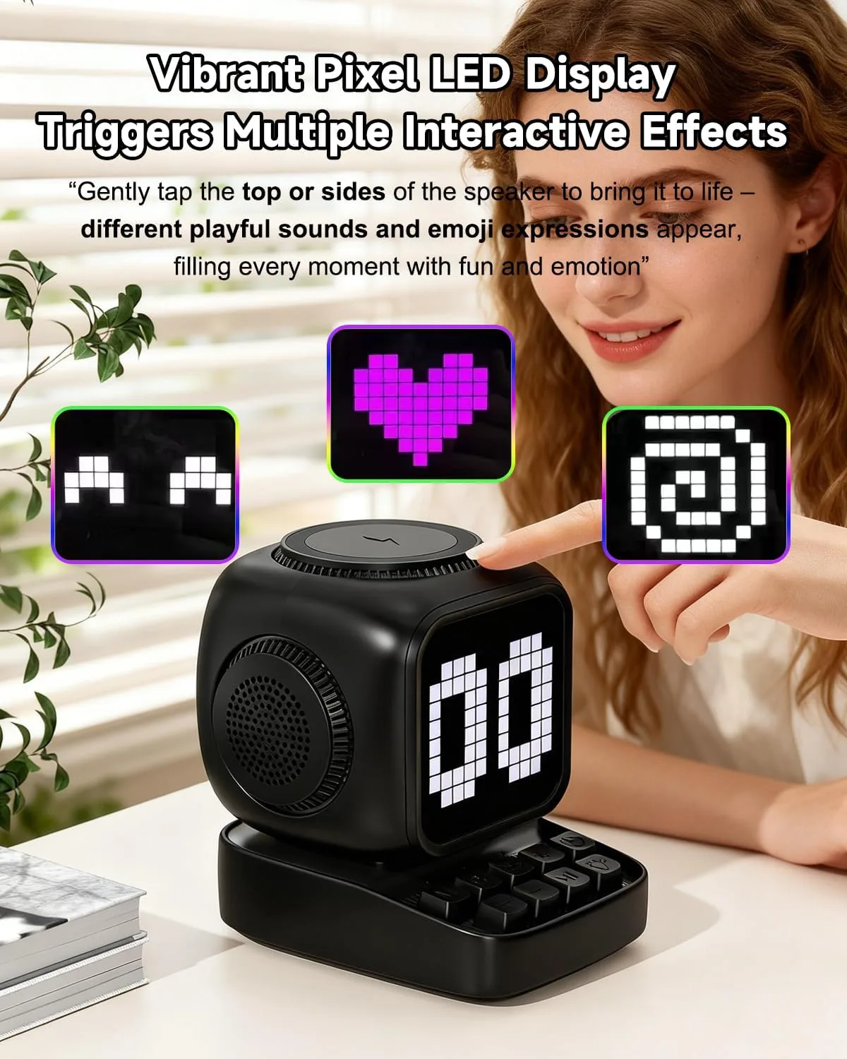 Retro Robot 5-in-1 Bluetooth Speaker: 15W Wireless Charger, Pixel LED Screen, 10W Stereo Sound & 15 White Noise, Alarm Clock, Cute Portable Wireless Speaker for Bedroom Desk Office, Birthday Gifts