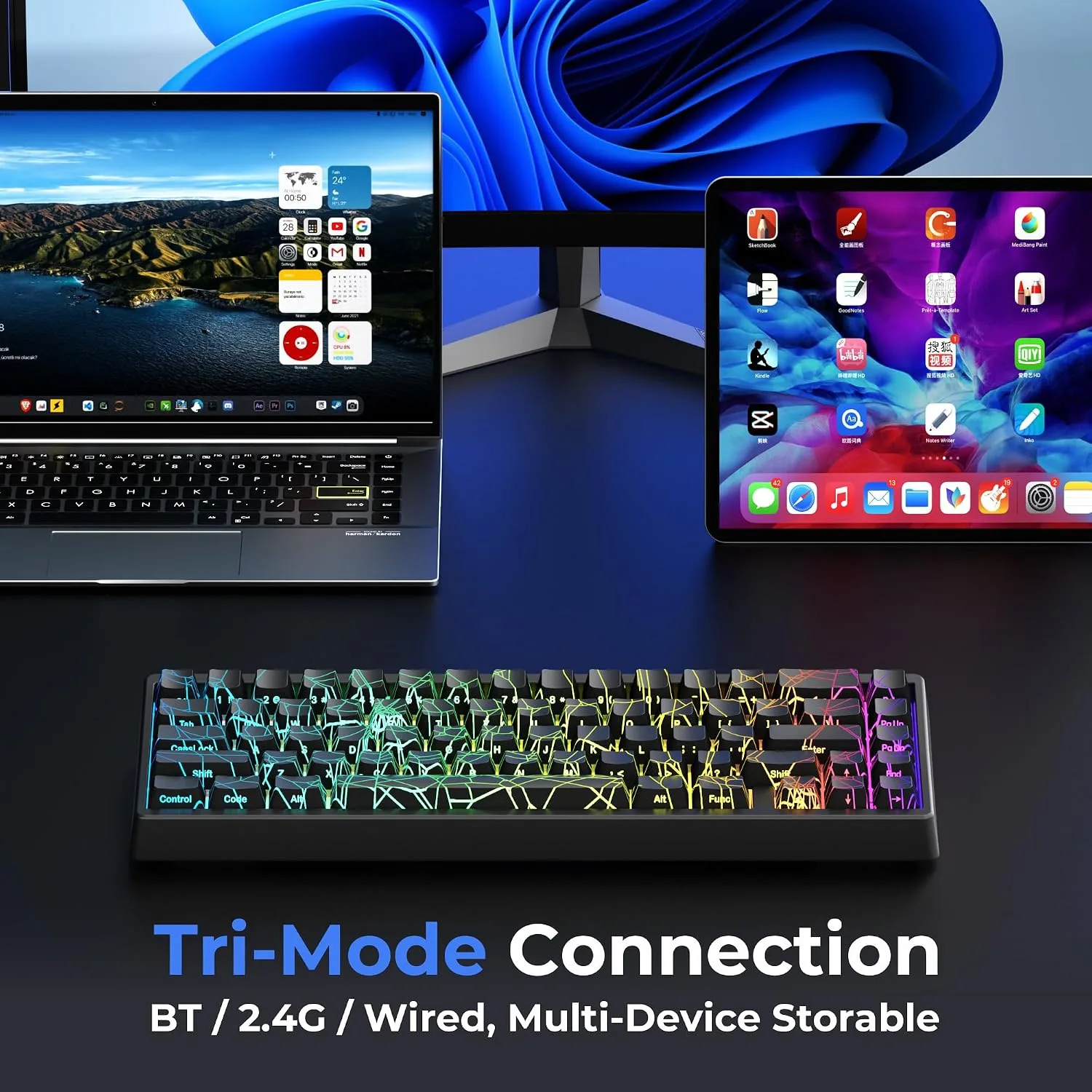 HITIME x XVX M67 60% Percent Keyboard Wireless, QMK/VIA Black Spider Web Gaming Keyboard, Tri-Mode Thocky Creamy Mechanical Key Board, Hot Swappable Gasket Mount RGB IMD Tech for Win/Mac