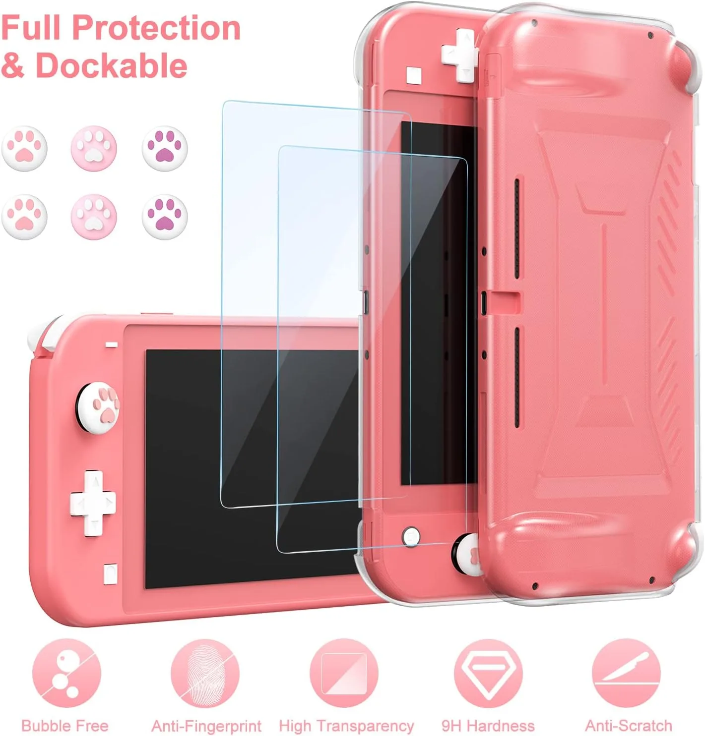 innoAura Switch Lite Case 18-in-1 Accessories Bundle for NS Switch Lite (2019), with Protective Carrying Case, Game Holder, Screen Protector & Cute Thumb Grips, Coral