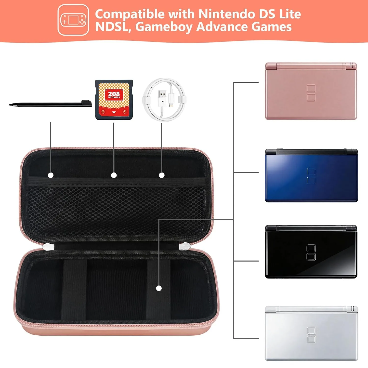Supmay Hard Carrying Case Compatible with Nintendo DS Lite NDSL, Gameboy Advance Games Storage Holder Travel Bag with Mesh Pocket for USB Charging Cable, Stylus, Earphones, Game Cartridge, Rose Gold