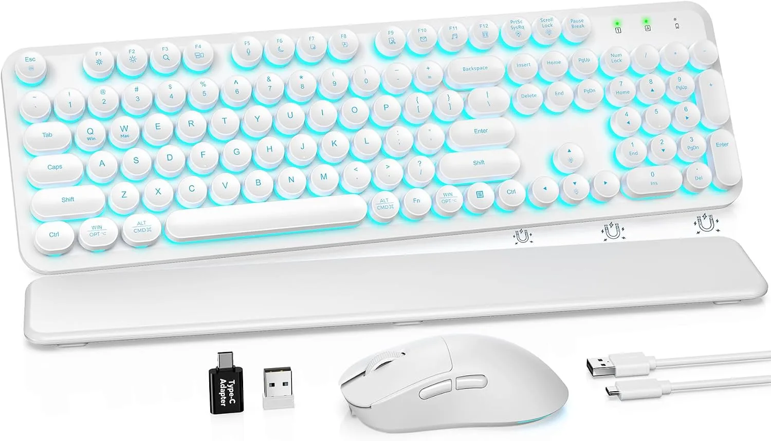 Wireless Keyboard and Mouse Combo, Magnetic Wrist Rest, Glowing White