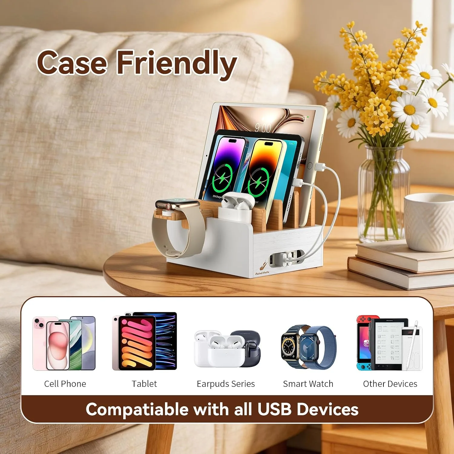 Pezin & Hulin Bamboo Charging Station with USB Charger&Cables-Natural+White