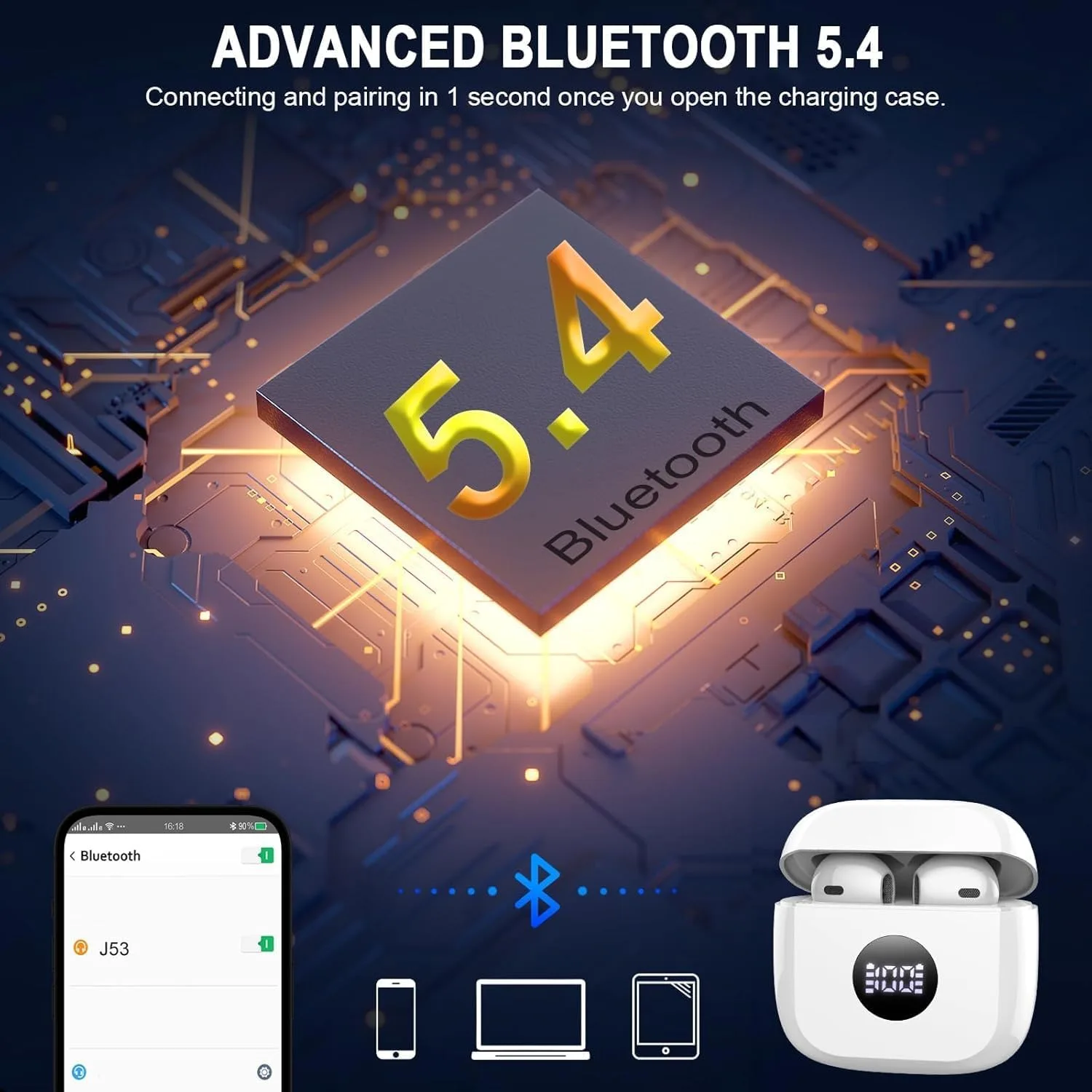 Wireless Bluetooth 5.4 Earbuds, LED Power Display Headphones, 6D Stereo