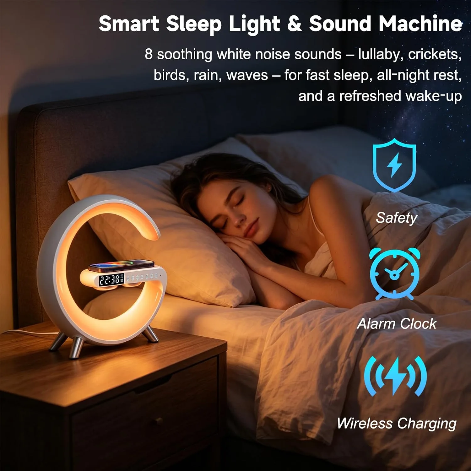 Smart LED Table Lamp, 4 in 1 RGB Night Light, Alarm Clock, Wireless Charger, Bluetooth Speaker with App Control, G-Shape Bedside Atmosphere Lamp for Bedroom Office Home Decor, Teen Girls Boys Gifts