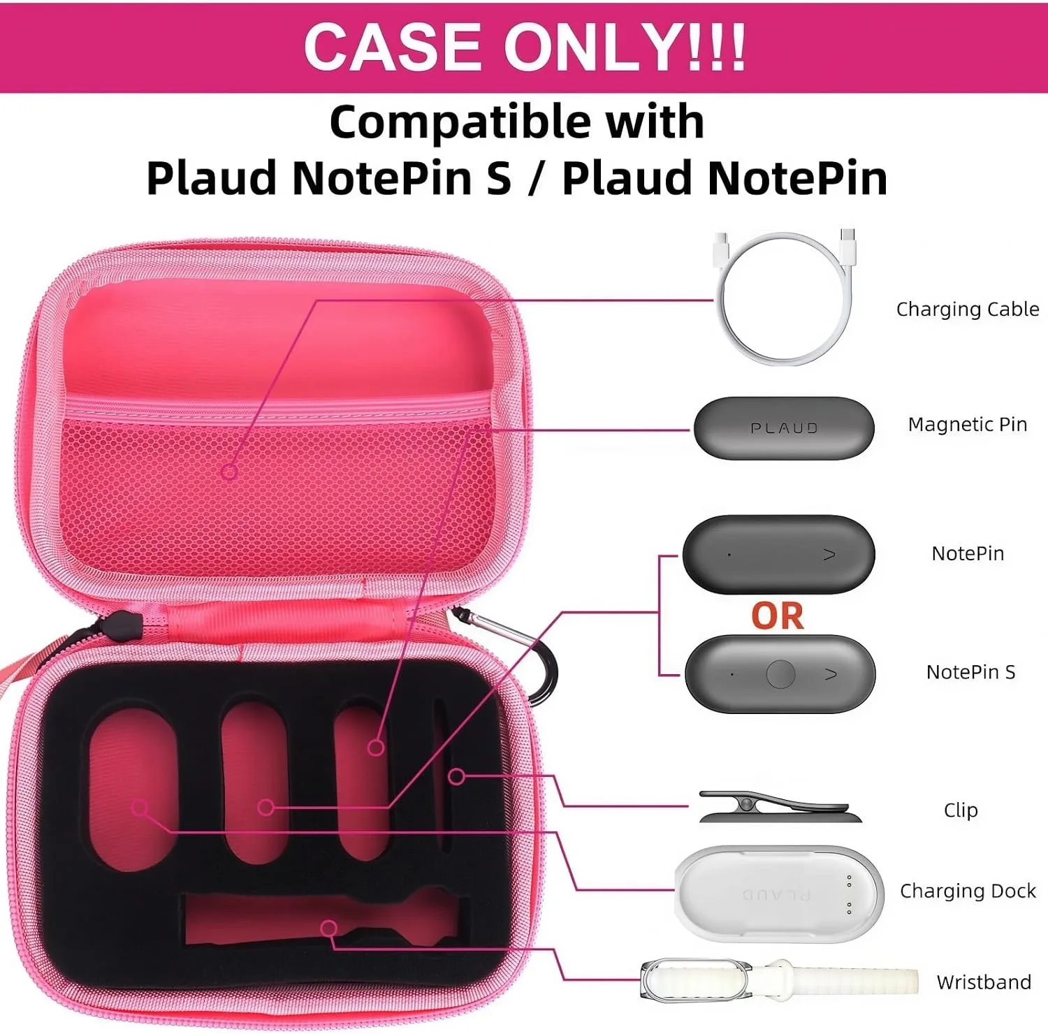 YouKnow Hard Case Compatible with PLAUD NotePin/NotePin S AI Voice Recorder - with Custom Foam Insert Holds Recorder, Magnetic Pin, Clip, Dock, Wristband & Cable (Case Only) (Pink)