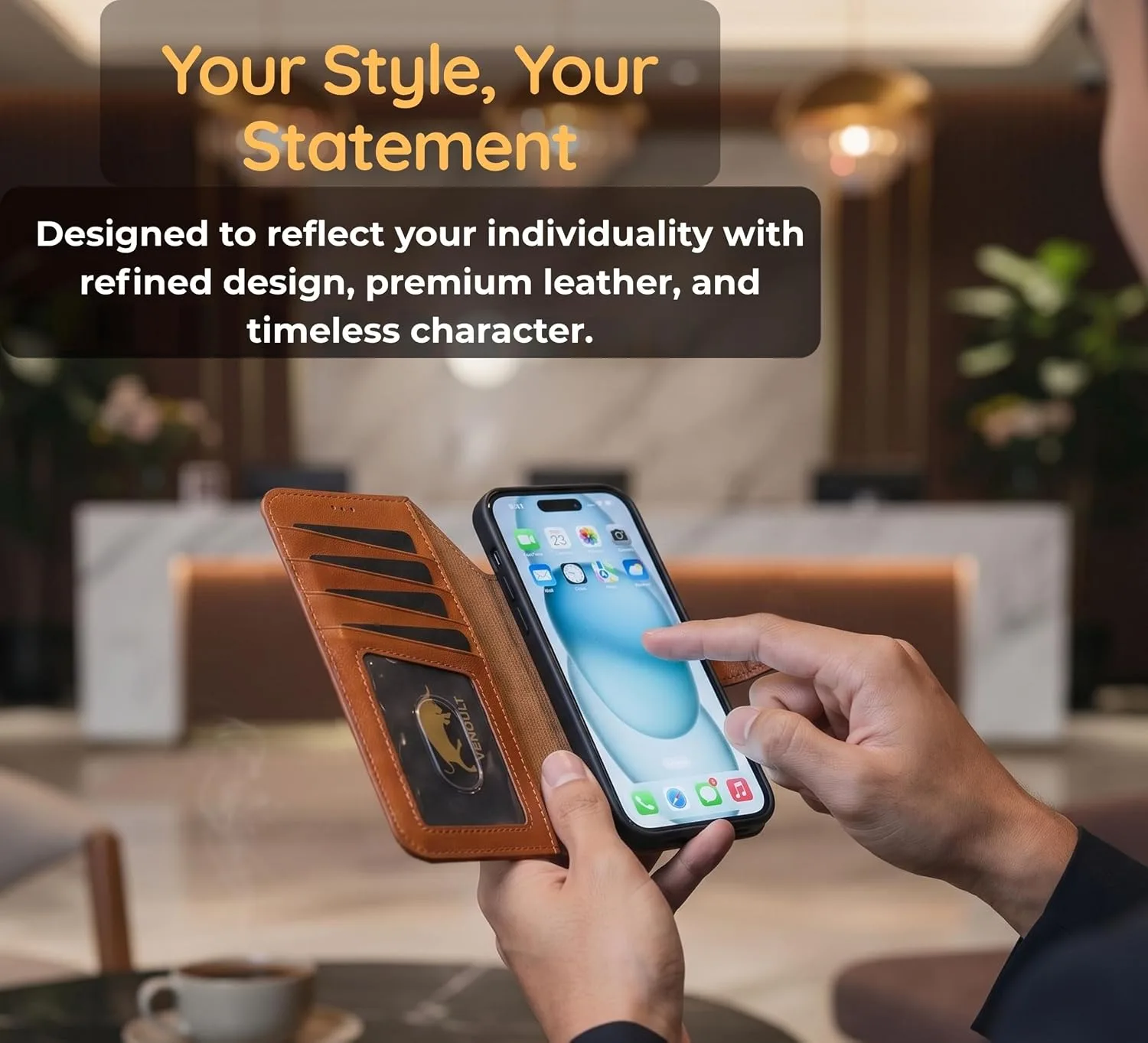 VENOULT Wallet Case for iPhone 16 Pro, Full Grain Genuine Turkish Leather, Magnetic Detachable, RFID 4 Card Slots, Business Style, Compatible with MagSafe (Chestnut)