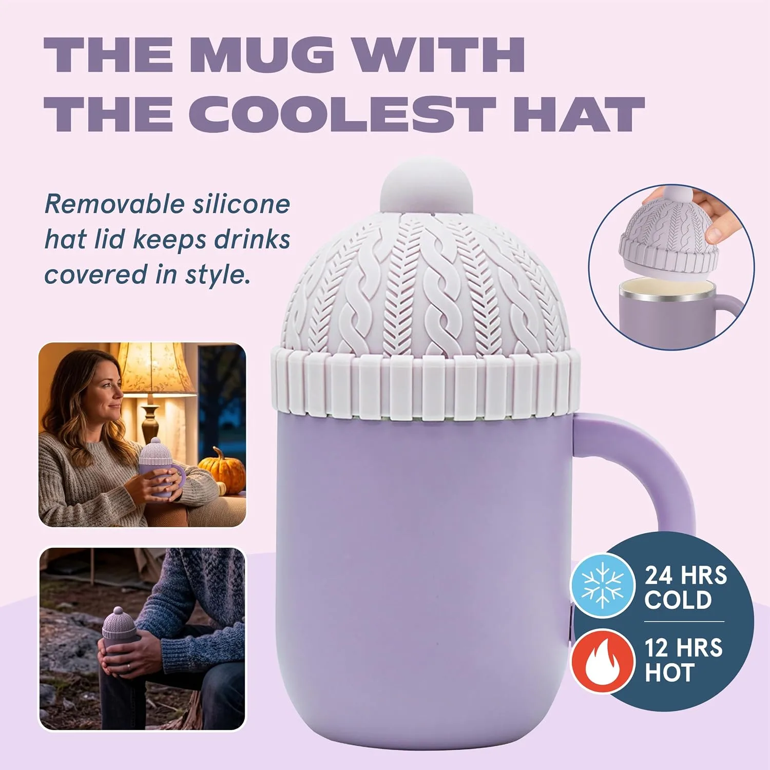 asobu Happy Hat Mug – 12 oz Double-Walled Stainless Steel Insulated Cup with Beanie-Shaped Lid – Ceramic Inner Coating – Spill-Proof and Ergonomic Design for Home and Travel (Purple)