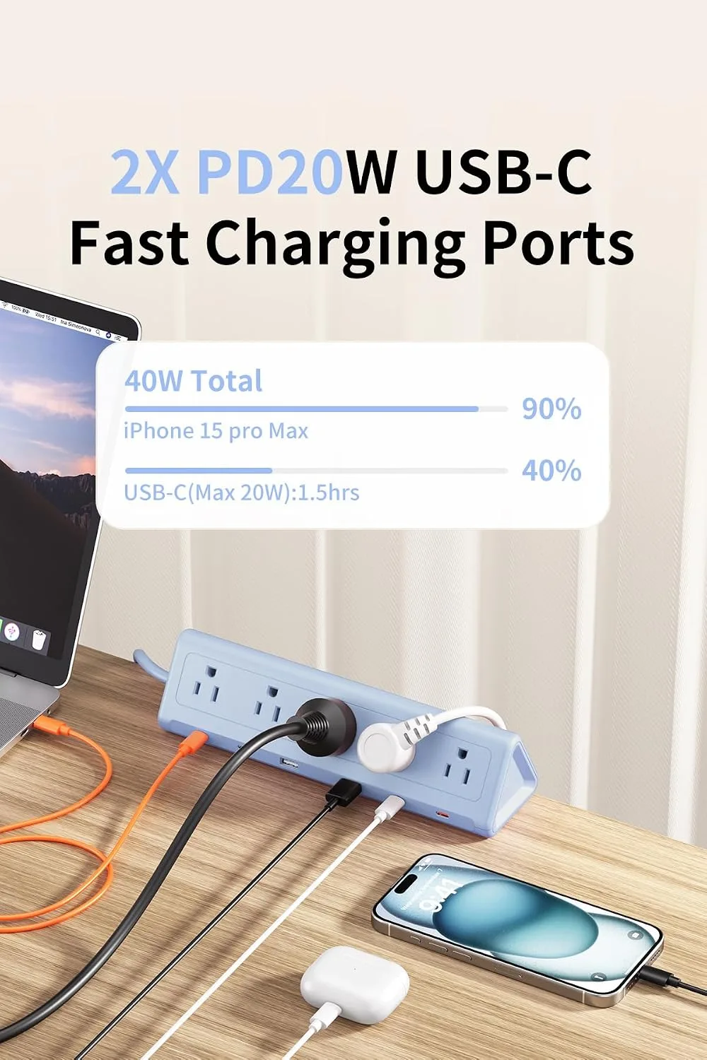 AnnTane Desk Clamp Power Strip USBC, 40W Fast Charging, 6.5 Ft, Blue