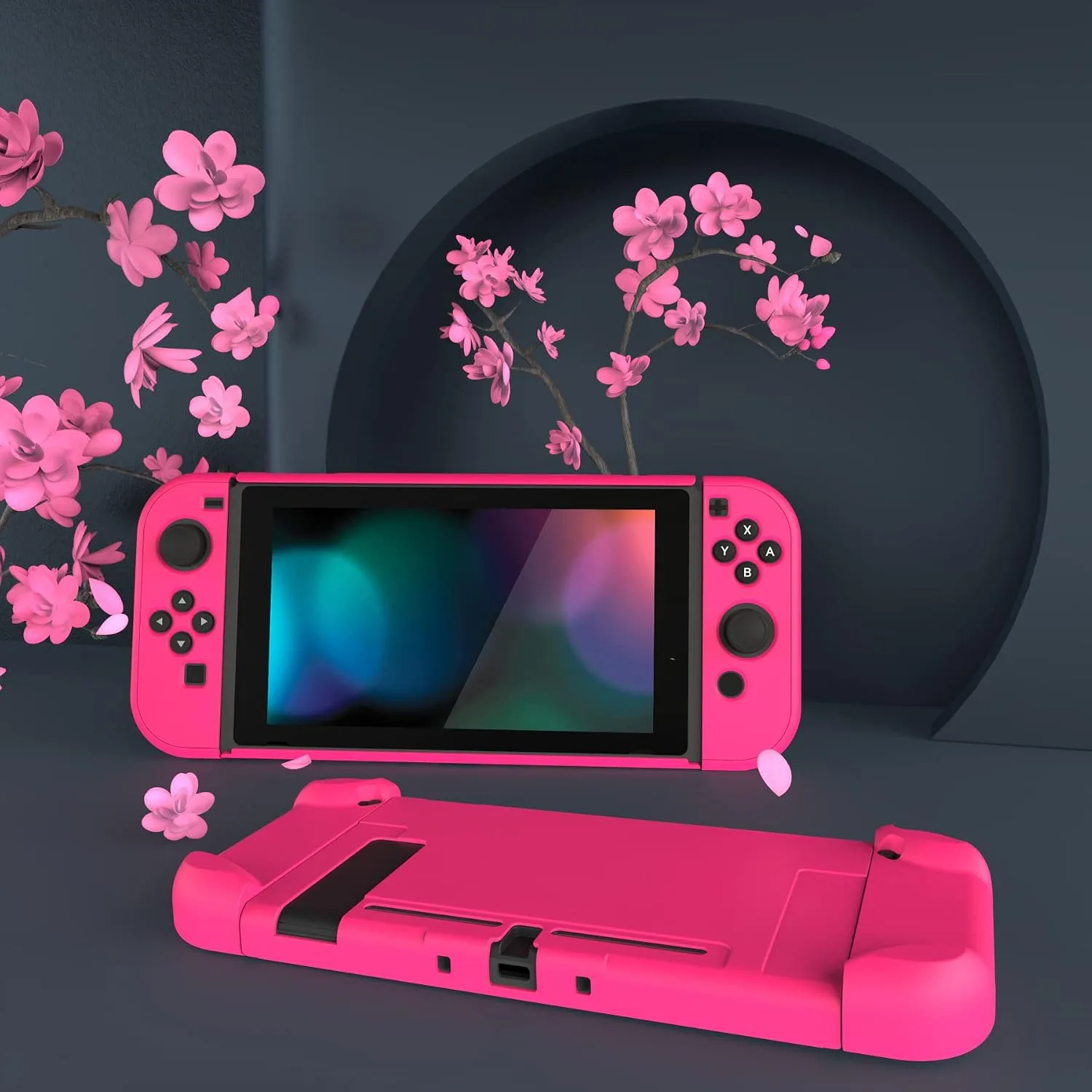 eXtremeRate PlayVital Cover for Nintendo Switch, Protective Case Protector for Switch - Shock-absorbent Anti-Scratch Dockable Easy to install Durable Hard Shell, Bright Pink (NOT for Switch 2)