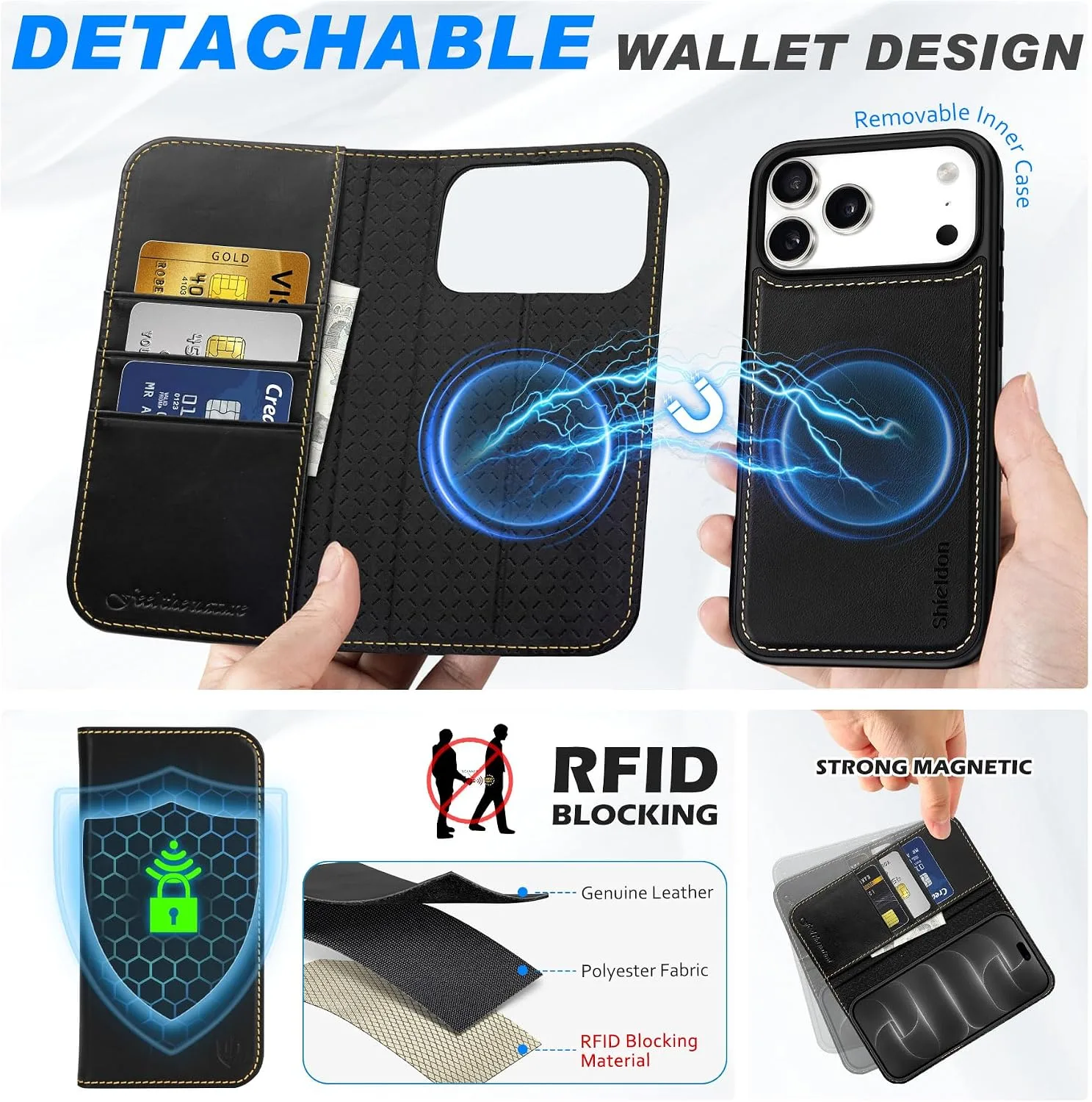 SHIELDON 2 in 1 Wallet Case for iPhone 18 Pro Max/17 Pro Max, Retro Black
