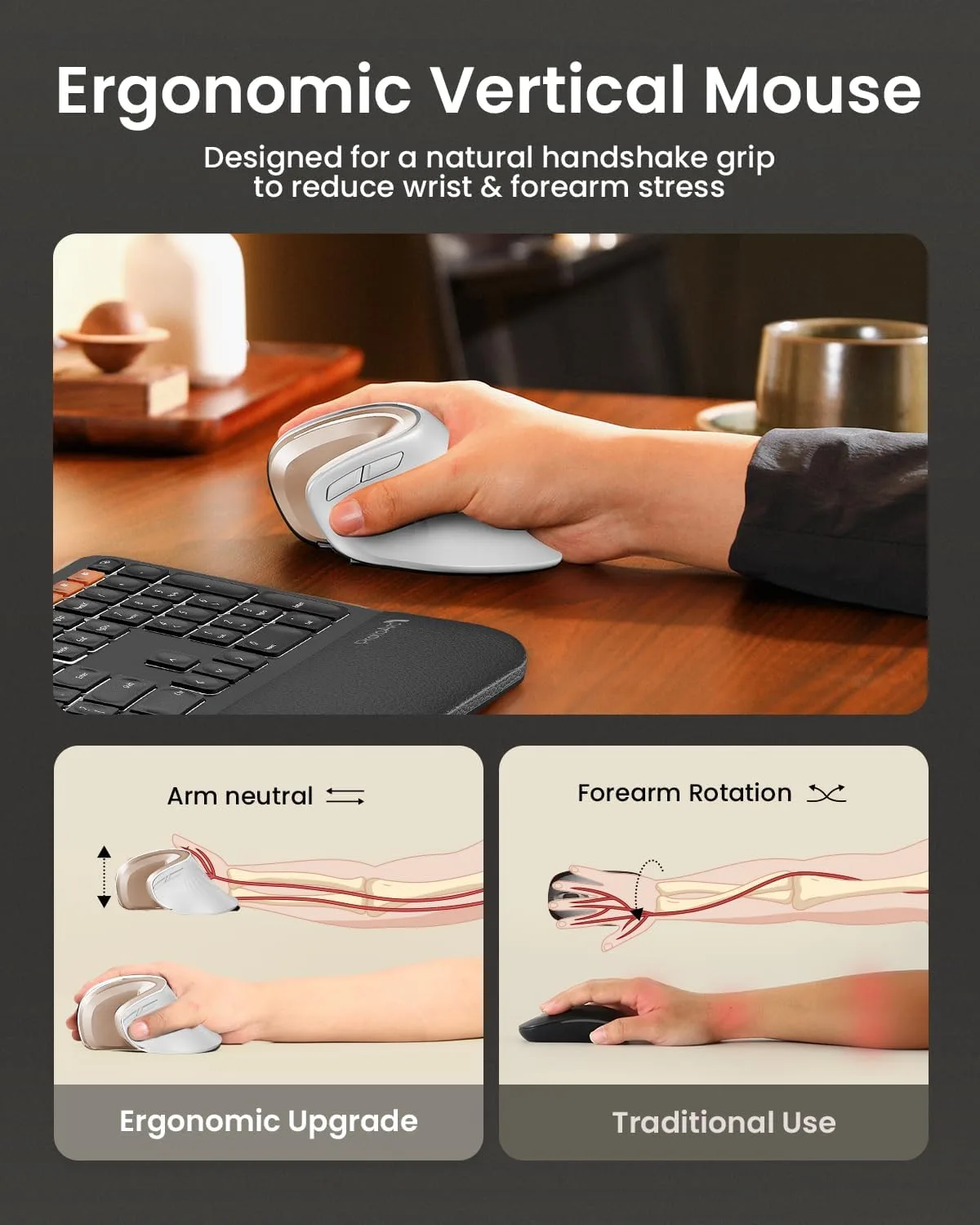 ProtoArc EM11 NL Wireless Ergonomic Mouse, Rechargeable, White Gold
