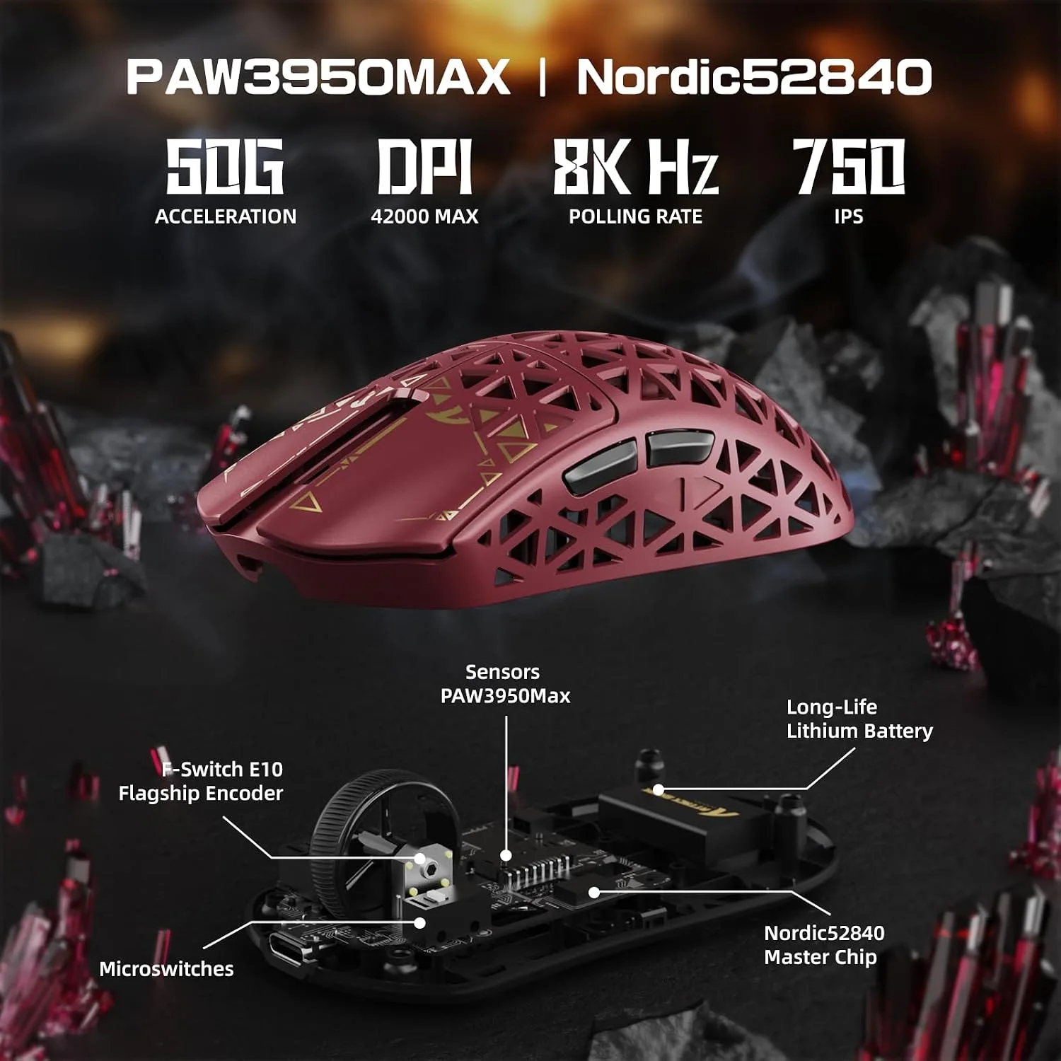 ATTACK SHARK R5Ultra 8K Carbon Fiber Wireless Gaming Mouse, Red
