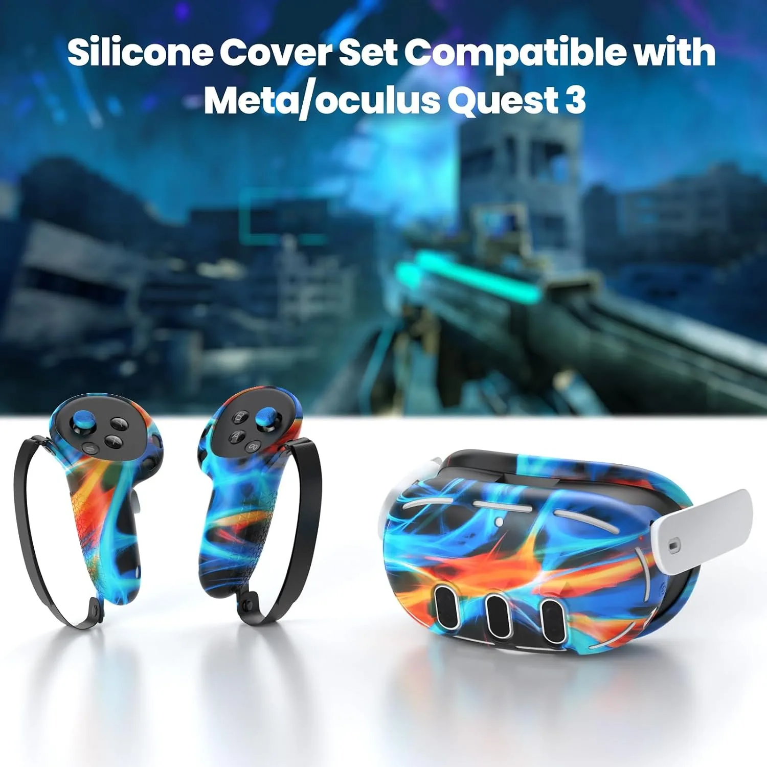 Compatible with Oculus Quest 3 Accessories, VR Silicone Face Cover, VR Shell Cover,Touch Controller Grip Cover,Camera Lens Protector Set (Aurora)