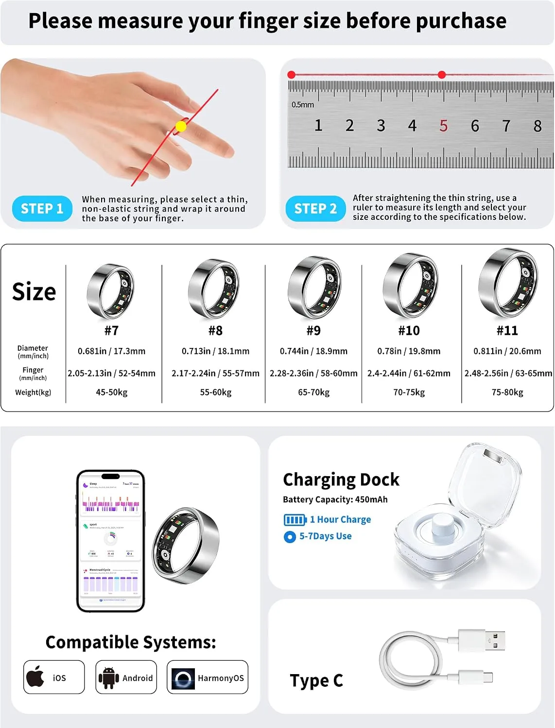 Smart Ring for Women Men Fitness Tracker Heart Rate Sleep Trends 128 Sports Modes Gesture Control Cycle Tracking IP68 Waterproof No Subscription Compatible with iPhone Android (Silver, Size 9)