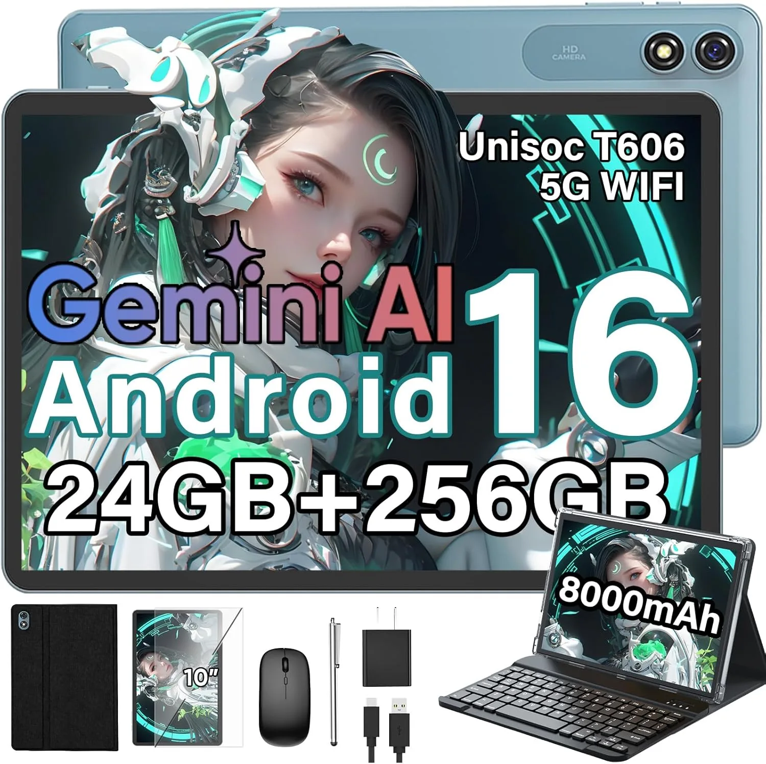 Android 16 Tablet with Keyboard - 10 inch Tablet with 24GB+256GB+2TB Expand
