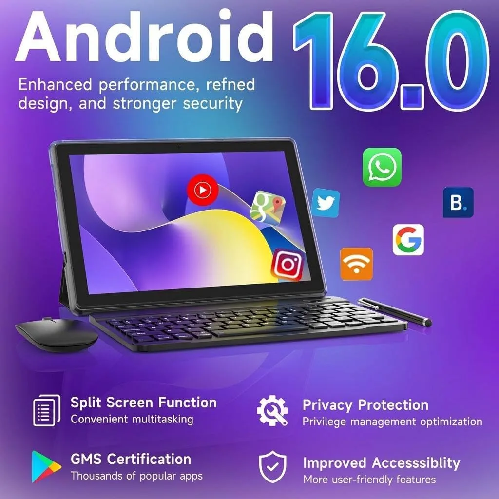DIGITHINK 128GB Tablet PC 10 inch Android 16.0, Android Tablets, DDR4 4GB RAM+16GB Extend 20GB ROM 128GB Memory 2MP+8MP Dual Camera, 2.4G+5G WiFi, Bluetooth 1TB Expand 10.1“ IPS Tab (Black)