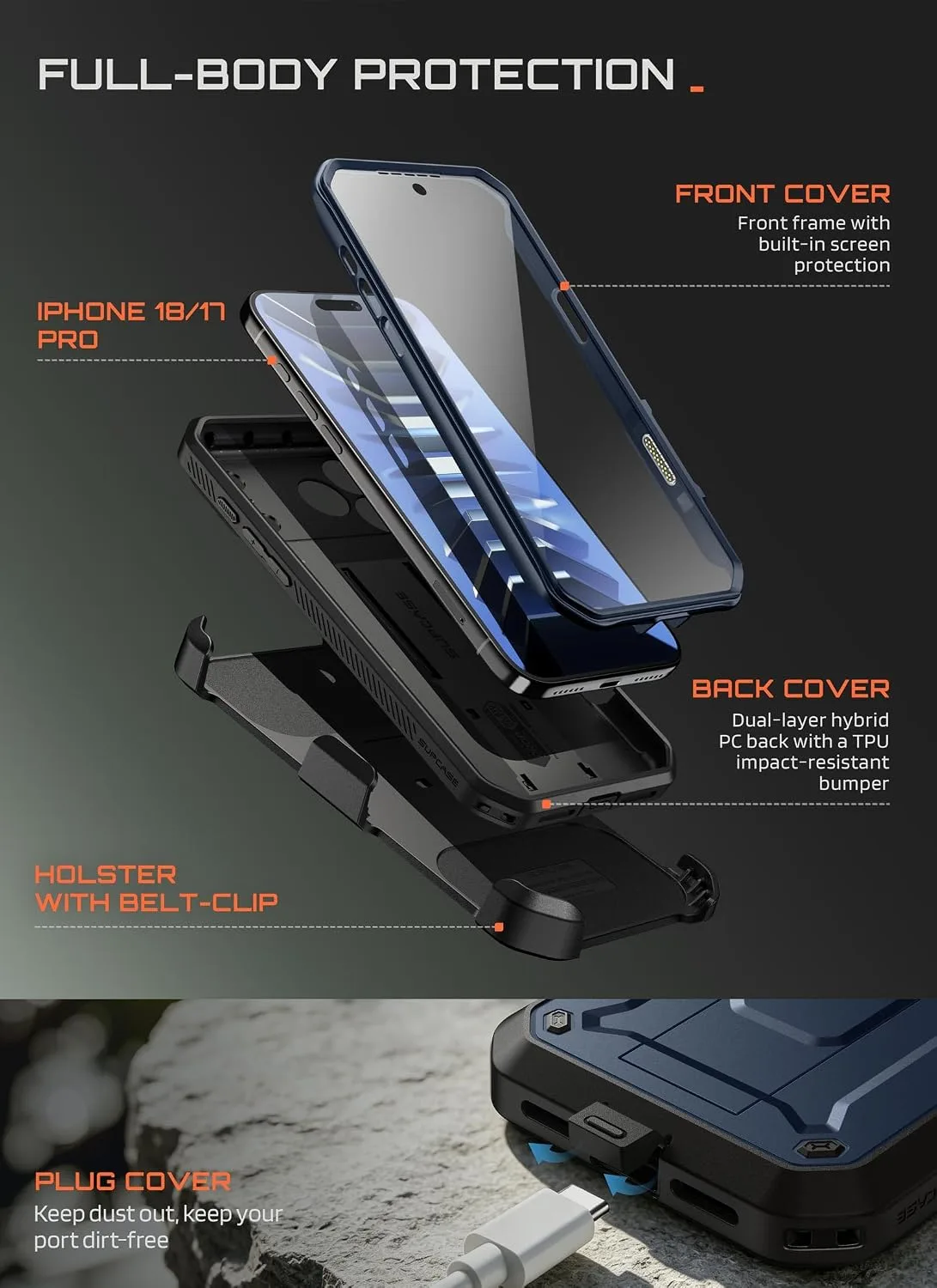 SUPCASE for iPhone 18 Pro Case / 17 Pro Case with Belt Clip, Azure