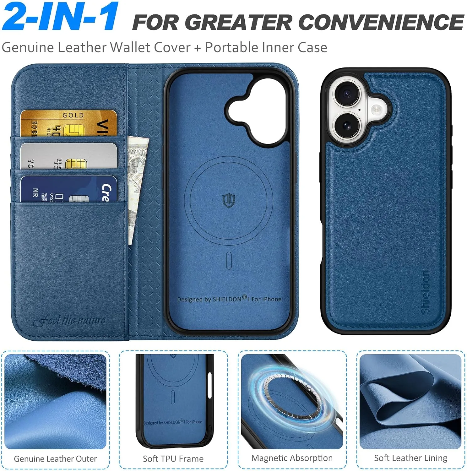 SHIELDON Detachable Leather Case Wallet for iPhone 17 6.3" 2025, Royal Blue