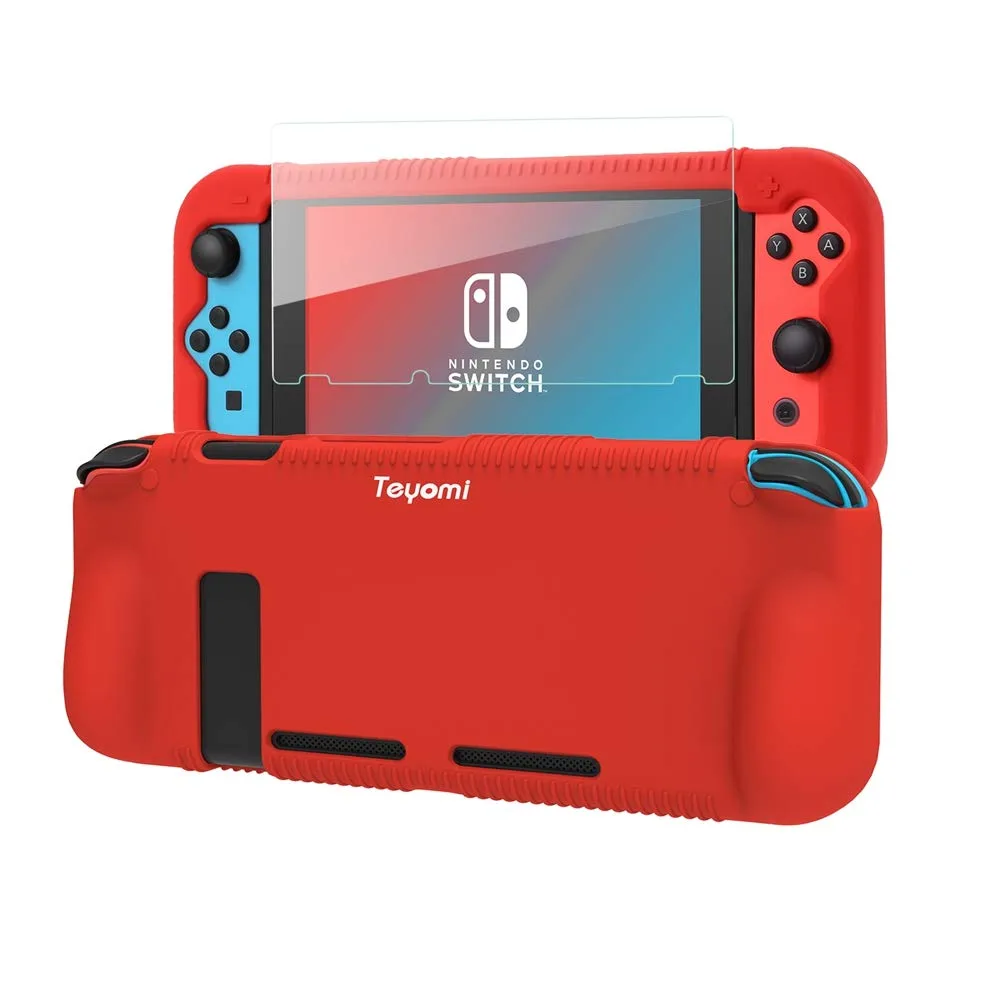 Teyomi Silicone Case for Nintendo Switch, Grip Cover with Tempered Glass, Nintendo Switch Screen Protector, 2 Storage Slots for Game Cards, Nintendo Switch Cover(Green)