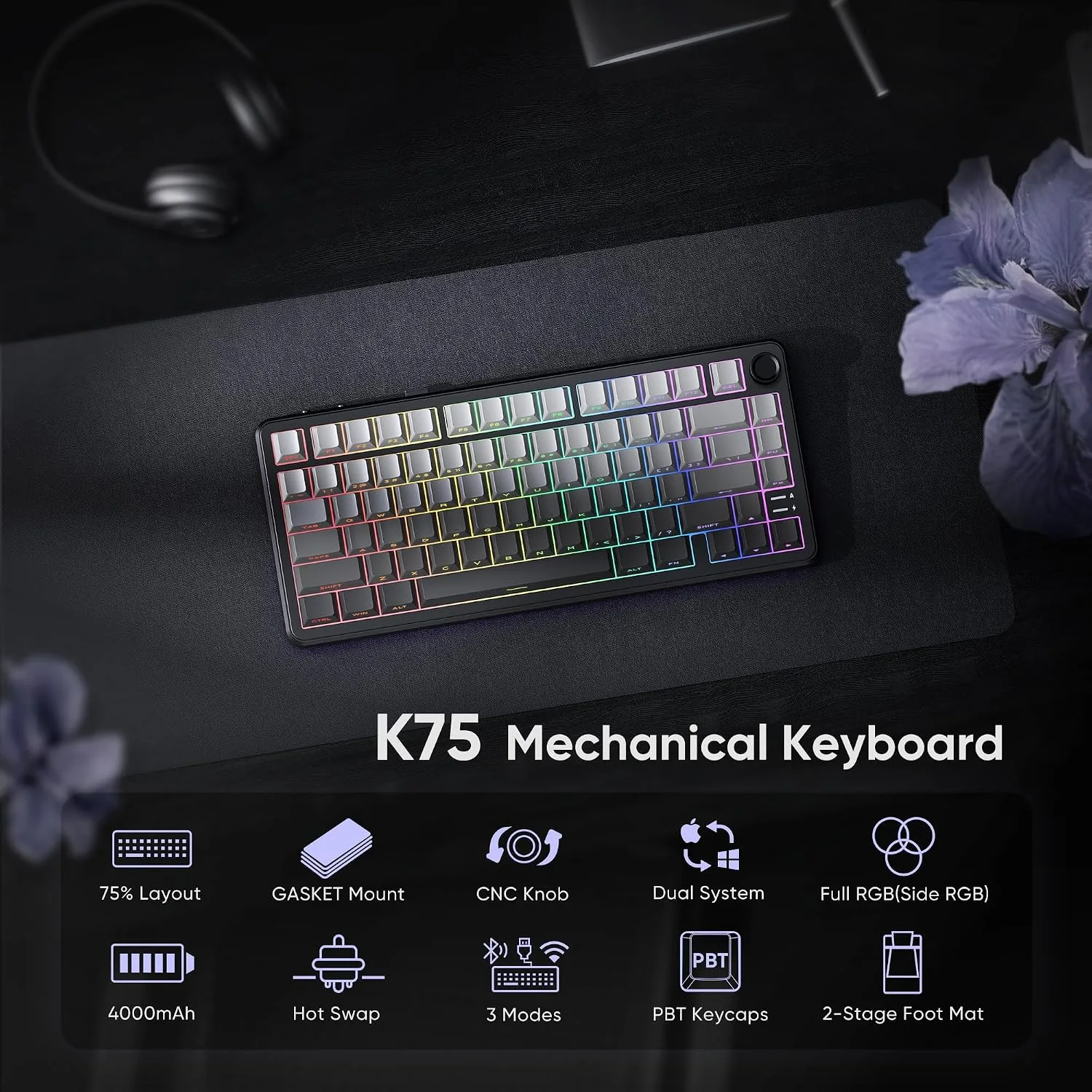 RedThunder K75 Wireless Mechanical Gaming Keyboard with Knob, 75% Layout Creamy Keyboard with Side RGB Light, Pre‑lubed Linear Switches, Side‑engraved PBT Keycaps, Wireless Wired BT 5.0, Gradient Gray