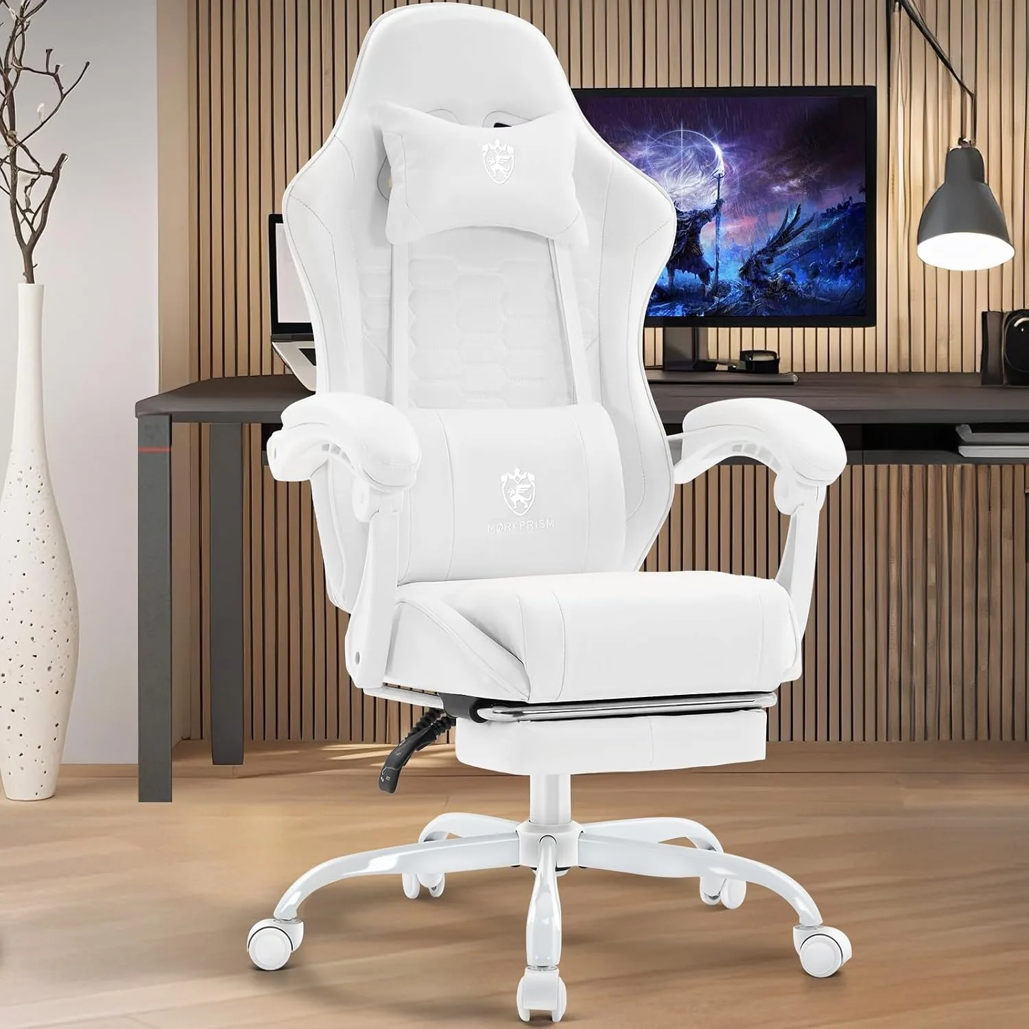 Gaming Chair,Computer Office Chair with Massage,Gel Pad,White