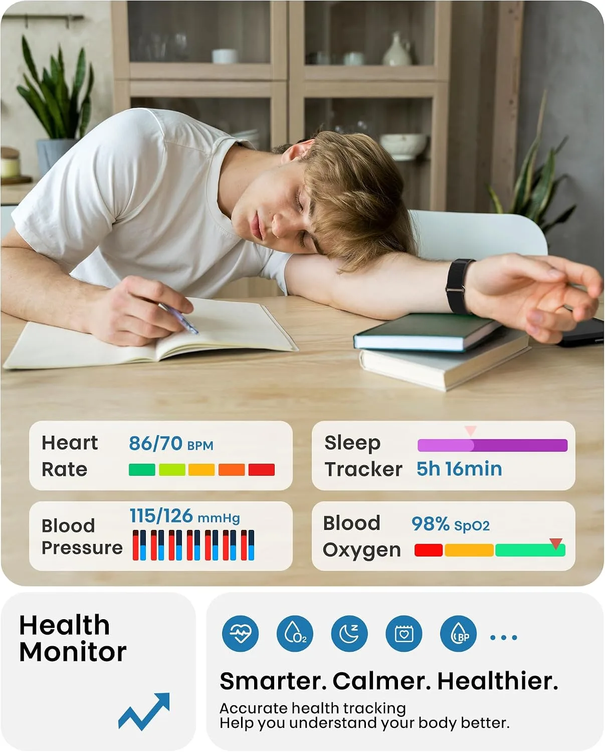 Smart Bracelet, Health Fitness & Activity Tracker with All-Day Continuous Heart Rate/Blood Pressure Monitor, Sleep Tracker, 170+ Sport Modes, 60 Day Battery & Free App, IP68 Smart Band for Android IOS