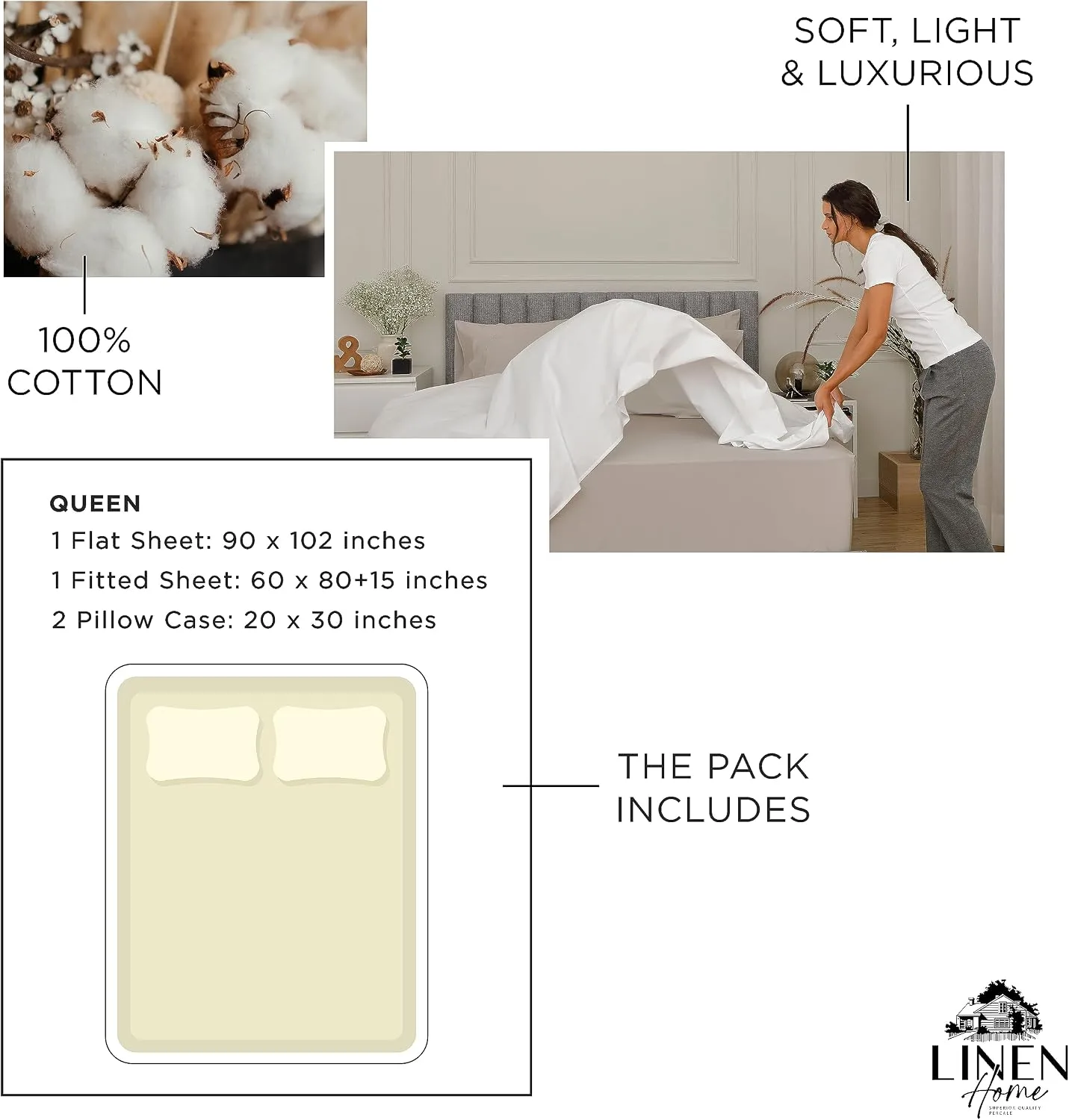 Linen Home 100% Cotton Percale Sheets Queen Size, Cream, Deep Pocket, 4 Pieces Set - 1 Flat, 1 Deep Pocket Fitted Sheet and 2 Pillowcases, Crisp Cool and Strong Bed Linen