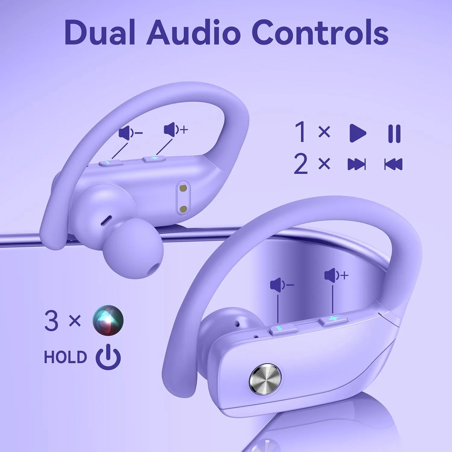 bmani Ear Buds Wireless Earbuds Bluetooth Headphones with 80H Playtime LED Display Case, Over-Ear Hook with Mic, Stereo Sound, Easy Button Controls, Sports Earphones for Running Workout Gym Purple