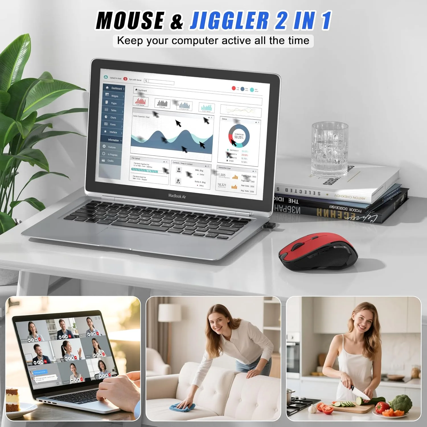 Bluetooth Wireless Mouse, 2.4G Ergonomic Rechargeable Computer Mouse for MacBook Air iPad Pro PC with Jiggler Mode, 3 DPI Levels & Forward/Back Buttons Laptop Mice for Office/Home/School - Red