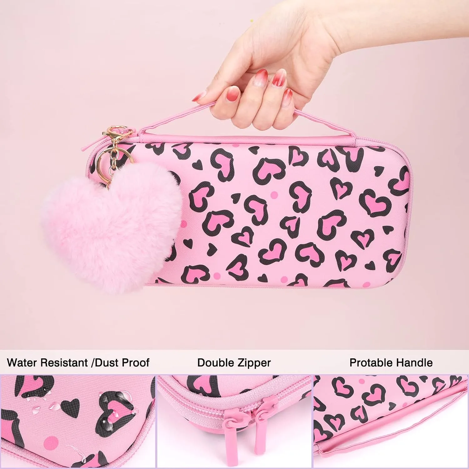 DLseego Pink Love Leopard Carrying Case for Switch, Cute Silicone Protective Shell Soft Cover with 4PCS Thumb Grip Caps and Pink Plush Heart Pendant Hard Storage Case Accessories Kit Bundle for Girls