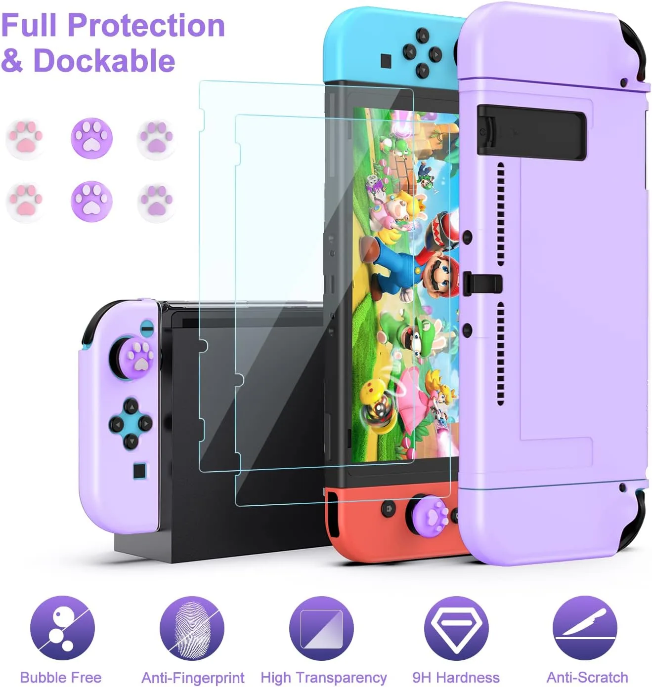 innoAura Switch Case 19-in-1 Bundle for NS Switch (2017), with Carrying Case, Game Organizer, Screen Protector, Stand and Thumb Grips, Purple