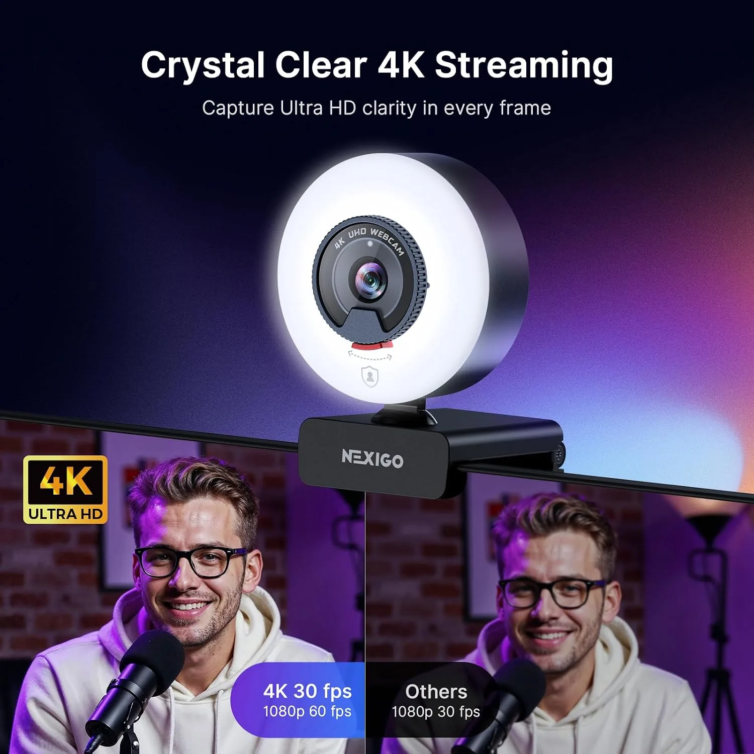 NexiGo N960E Plus 4K Webcam with Ring Light & RF Remote, ToF Autofocus, OSD Menu, 1080p 60FPS, 4X Digital Zoom, Noise-Canceling Mics, Privacy Cover, USB Web Camera for Streaming, Video Calls& Meetings