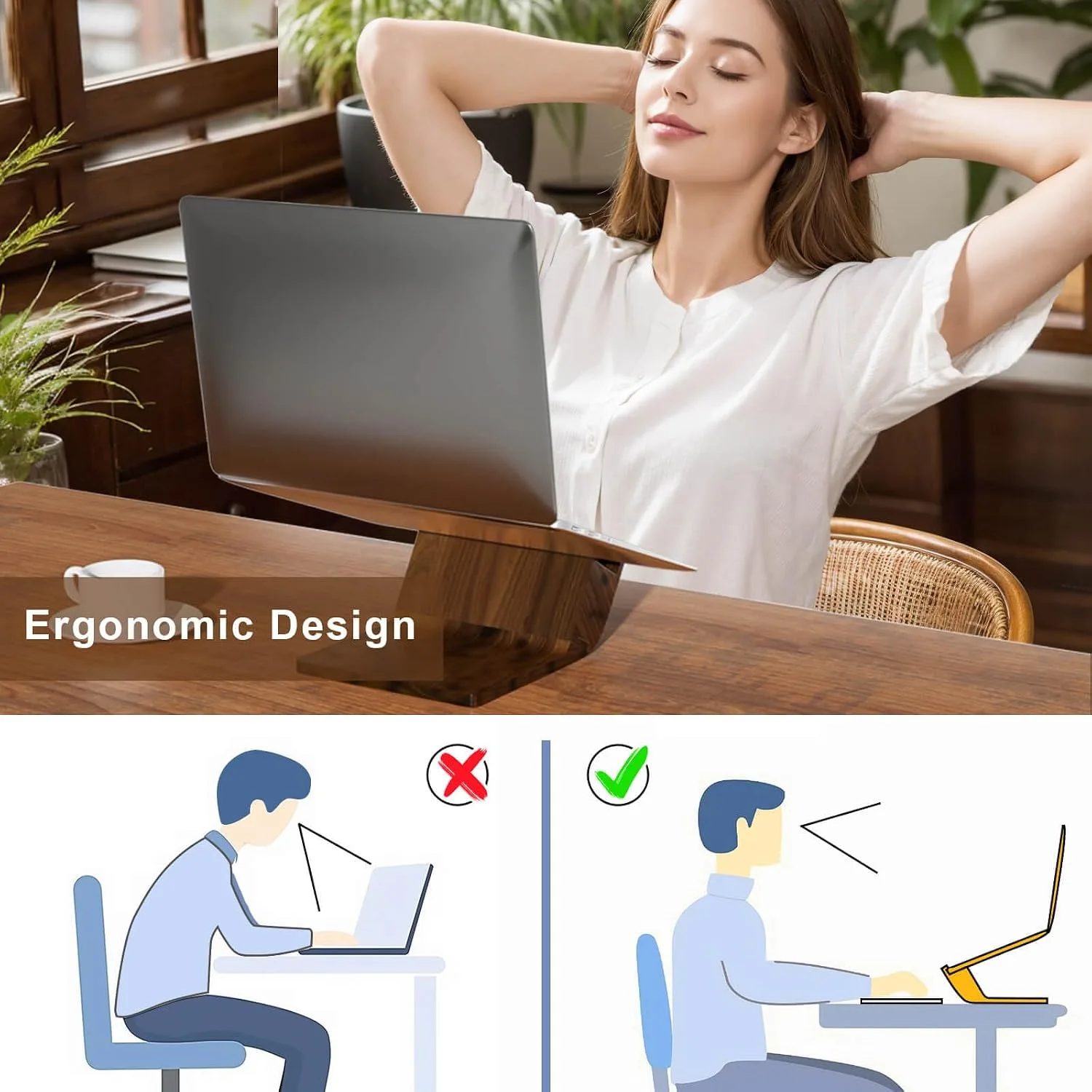 Wooden Laptop Stand, Ergonomic Computer Stand for Desk, Portable Laptop Riser, Notebook Stand Holder Compatible with MacBook Pro/Air, Dell, HP, Lenovo and All Laptops (10-17 inch), Walnut