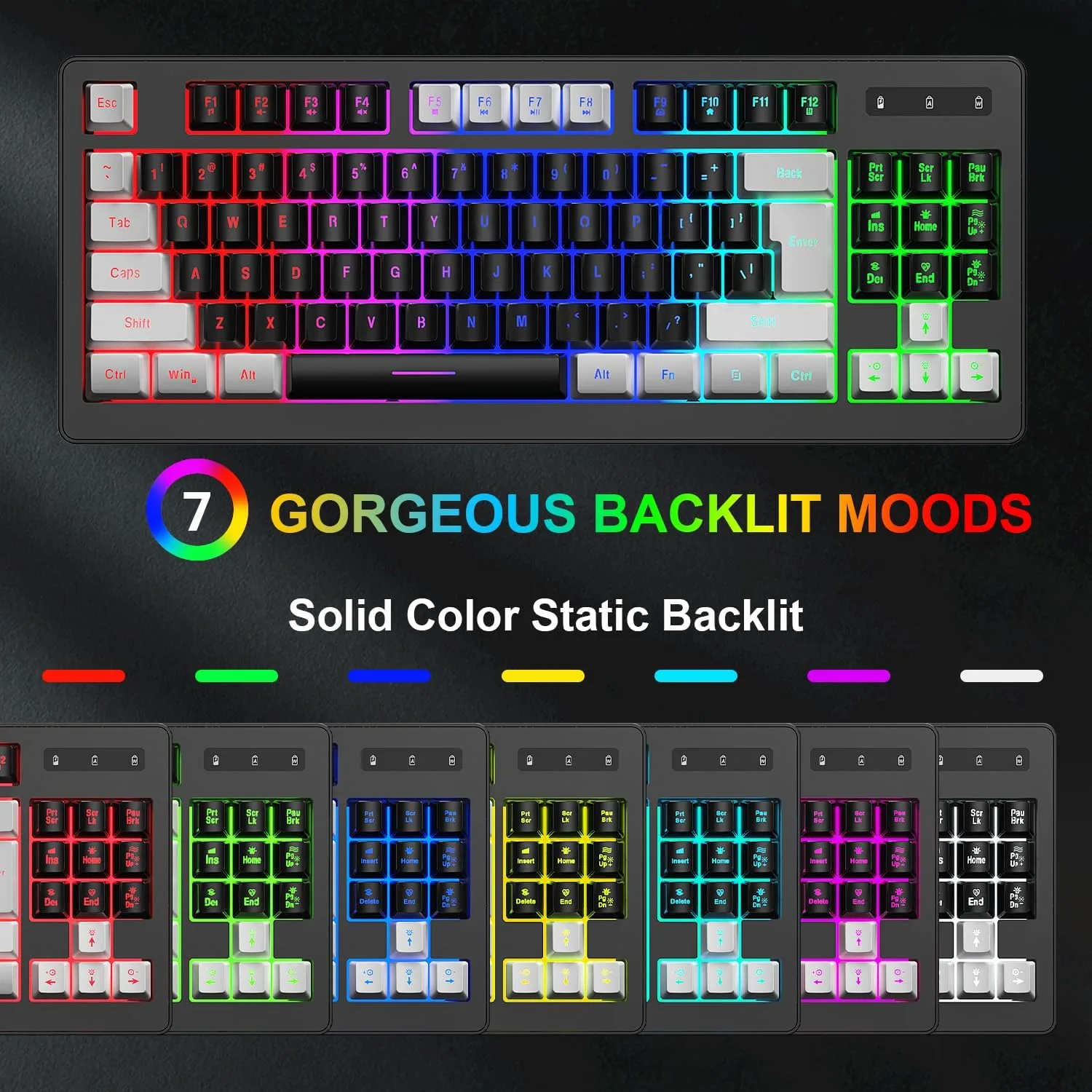 BlueFinger Wireless Gaming Keyboard and Mouse Combo, RGB Rainbow Backlit Rechargeable Battery, 87 Keys TKL Light Up Keyboard with Ergonomic Gaming Mouse for Mac Laptop Computer PC Gamer(White & Black)