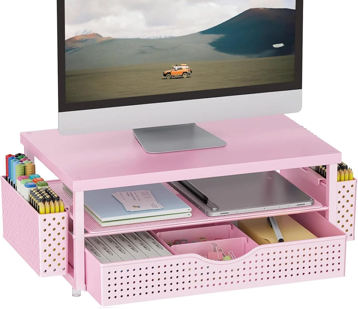 gianotter Monitor Stand with Drawer and 2 Pen Holders (Matte Pink)