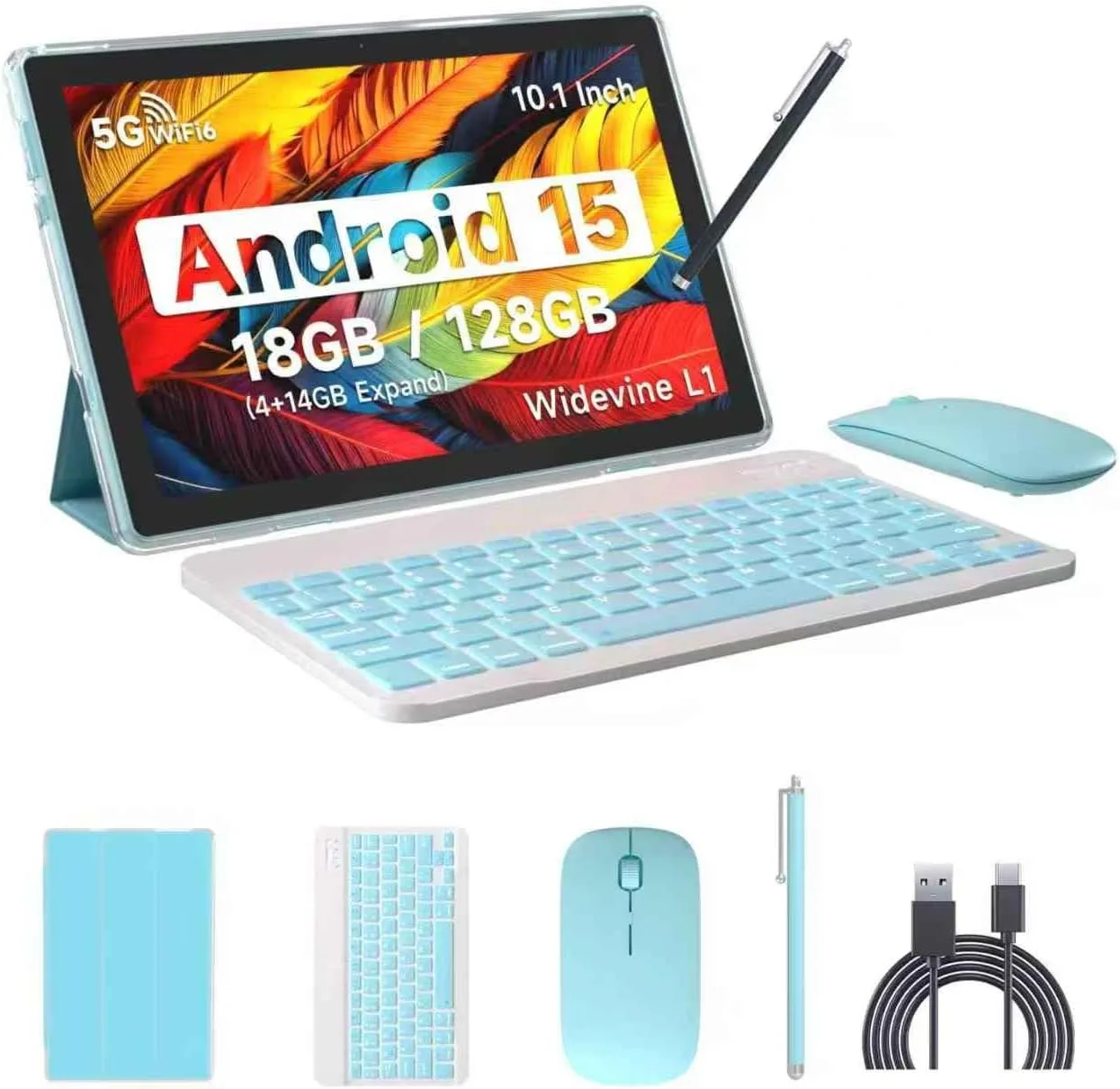 IWEGGO Android 15 Tablet, 10 Inch 18GB RAM+128GB ROM/ 2TB Expandable Tablet, 2.0GHz Quad-core Processor, 1280*800 HD Touch Screen, 5G WiFi6 BT 5.0, 2 in 1 Tablets with Keyboard Case Mouse Stylus Blue