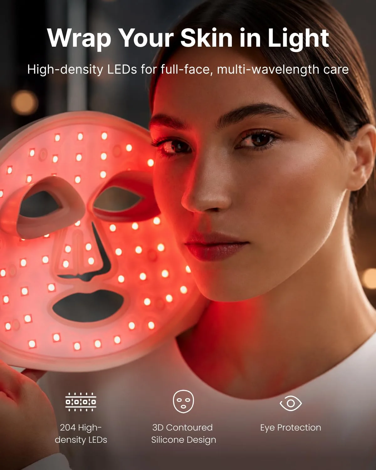 RENPHO Red Light Therapy Mask for Face, 204 LEDs, 3 Modes,Wireless LED Mask