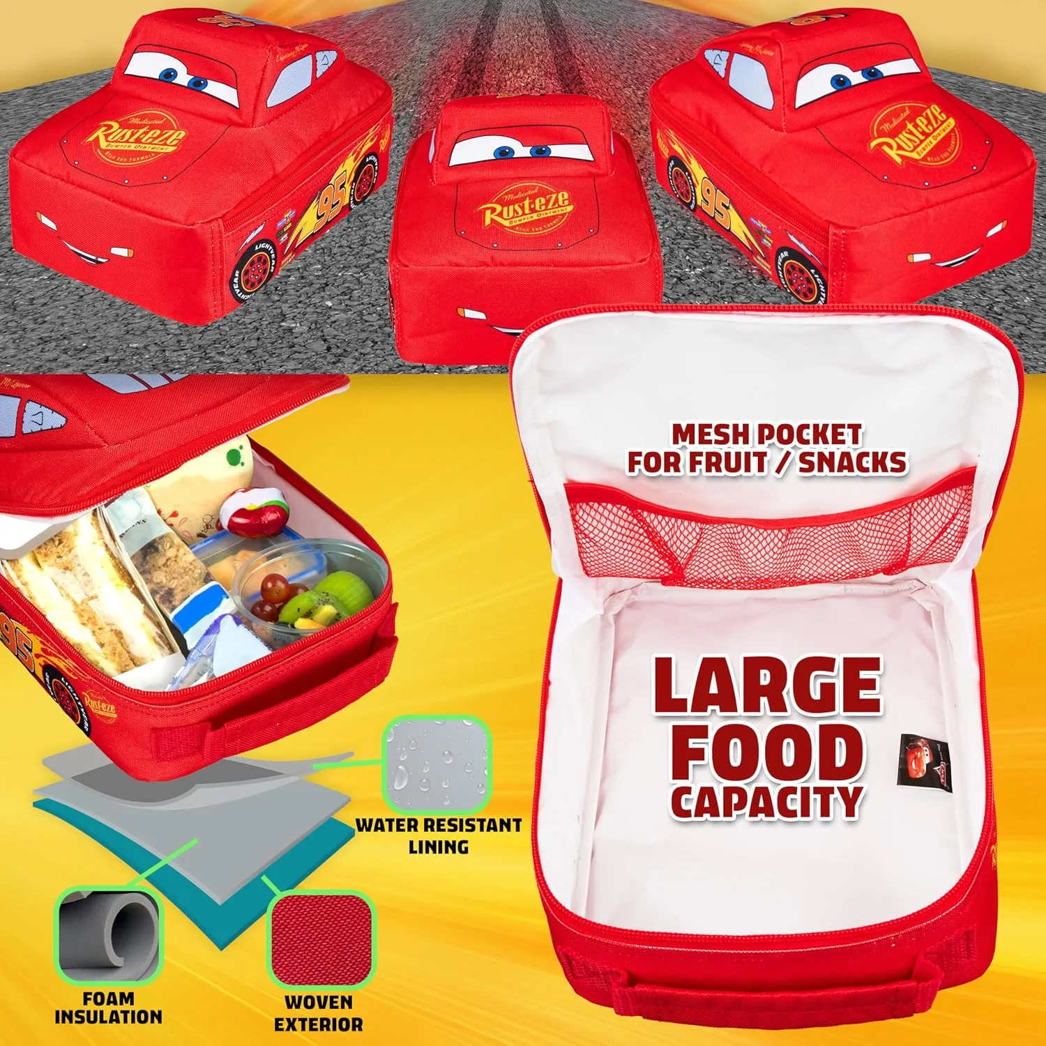 Disney Cars Lunch Bag for Kids Lightning McQueen Car Shaped Lunch Cooler Bag with Mesh Pocket Name Tag for School Snacks Travel Gifts for Kids