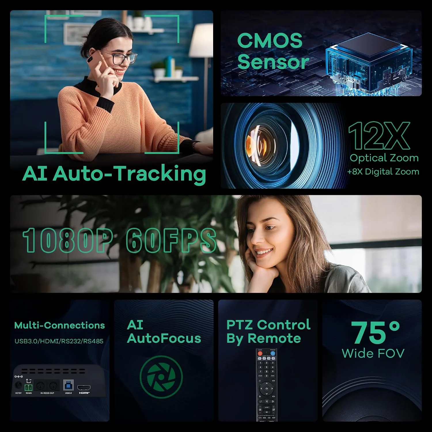 TONGVEO PTZ Camera 12X Optical Zoom 1080P AI HDMI USB3.0 Conference Camera