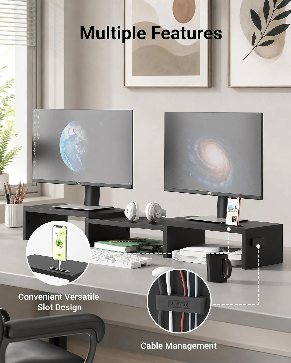 BONTEC Dual Monitor Stand Riser, Adjustable Length & Swivel Angle, Black