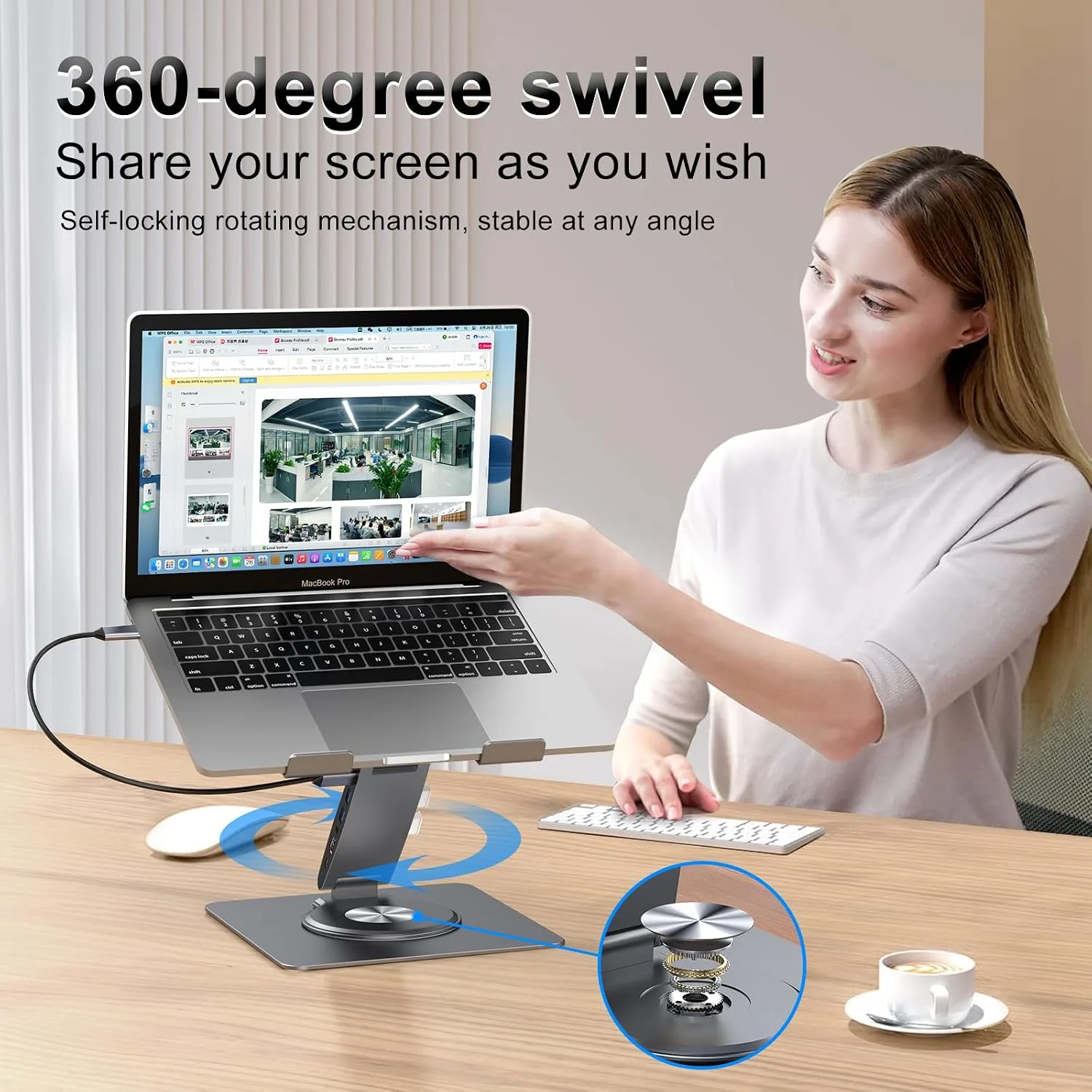Laptop Docking Station Stand Dual Display 4K HDMI USB3.0 3.5mm Audio Jack 9-IN-1 360° Swivel Laptop Stand for Desk with USB-C Hub Multiport Adapter Universal for MacBook Pro/Air/Dell/HP/Surface/Lenovo