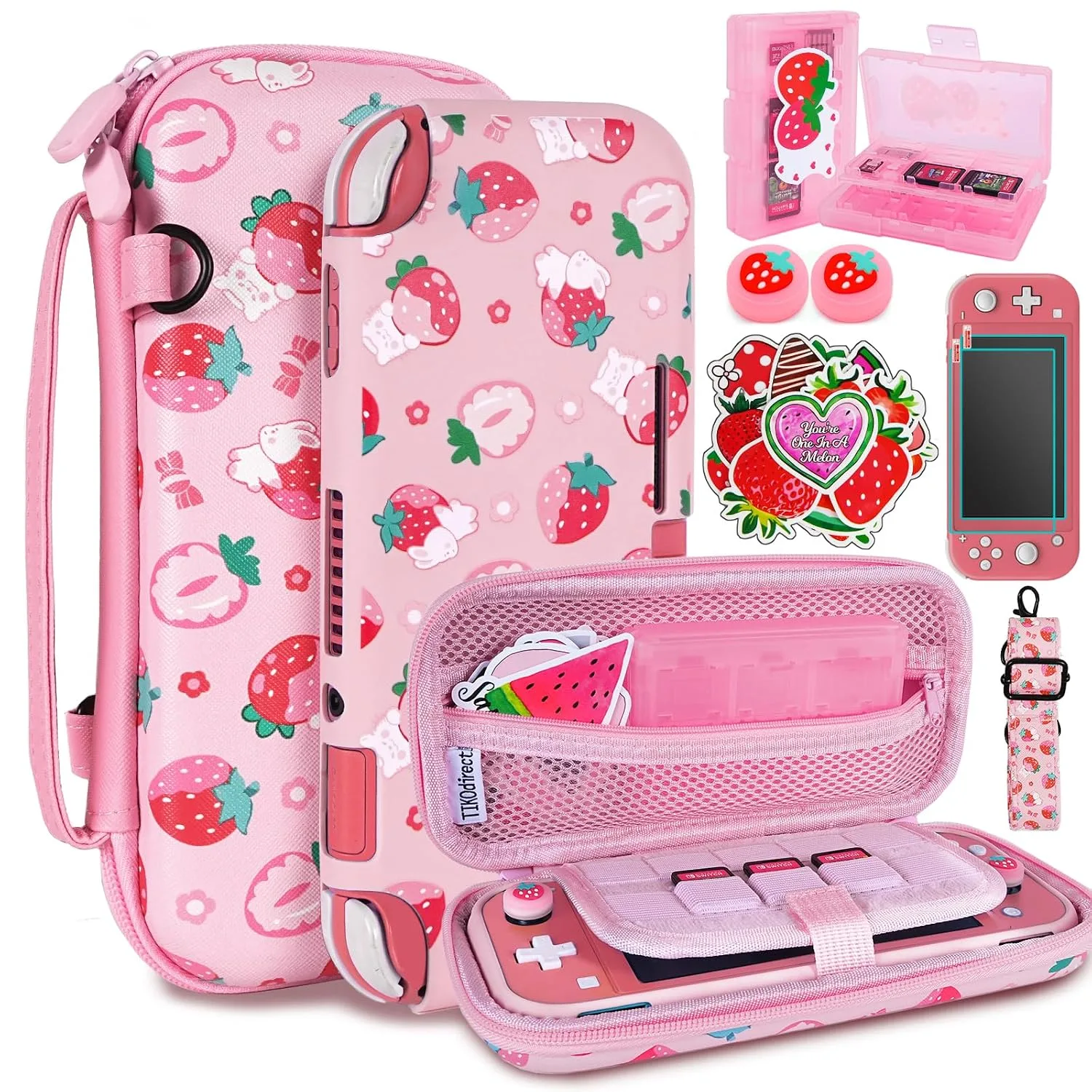 TIKOdirect Carrying Case for Switch Lite, Pretty Shockproof Portable Travel Bag with Soft Protective Shell, Screen Protectors, Cute Thumb Grips Caps and Game Card Case, Pink