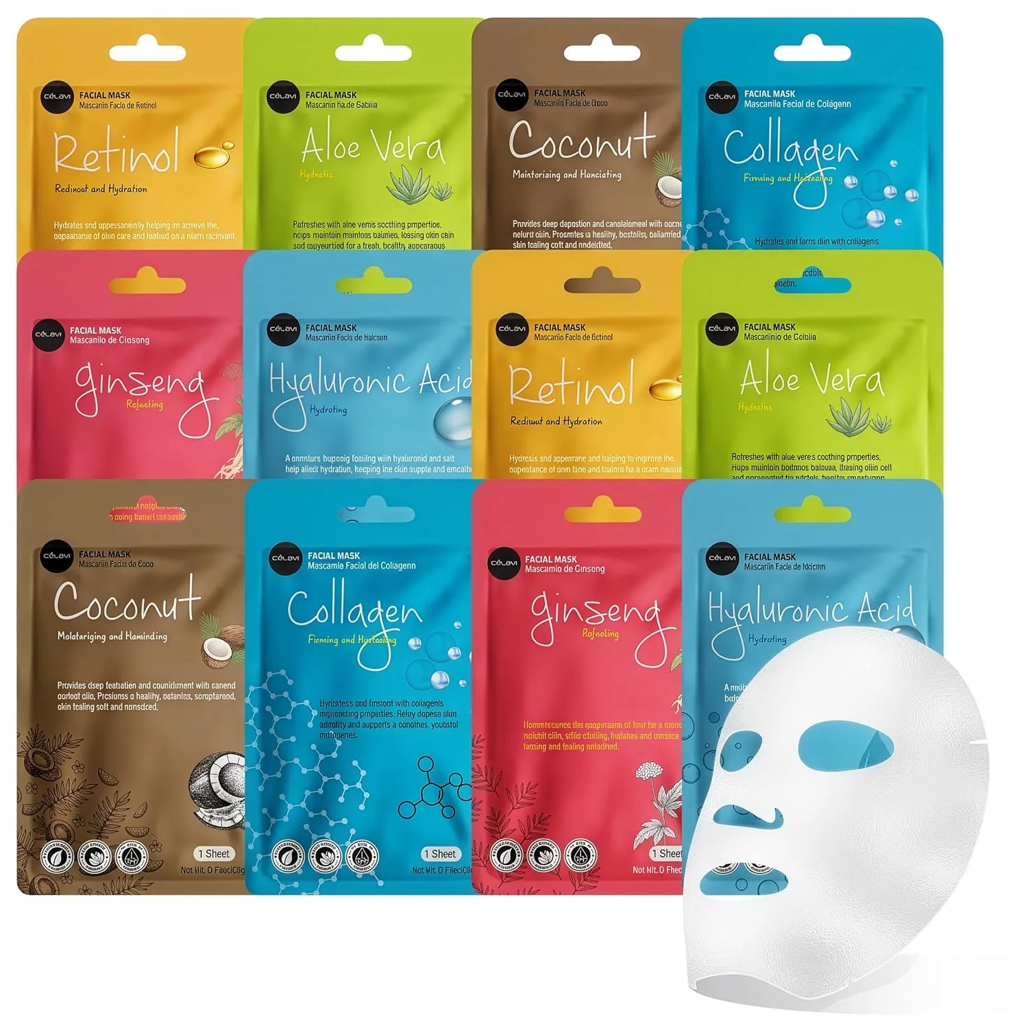 Celavi Korean Face Mask Sheet Set, Spa Masks, 12 Pack Hyaluronic Acid