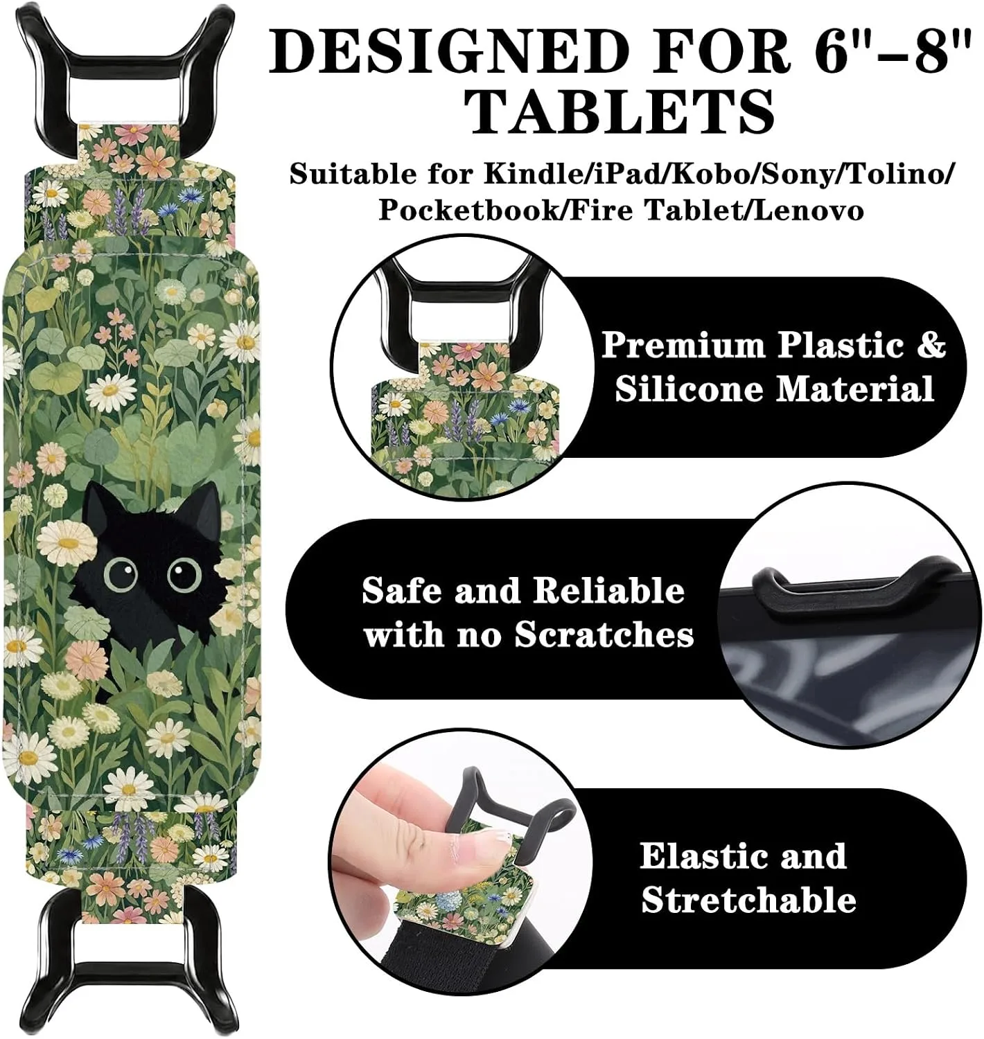Hand Strap Holder for Kindle - Cute Cat Floral Plant Finger Grip for 6-7.5" Paperwhite 12th/11th Generation/Kobo/Lenovo/iPad Mini Ereaders E-Book Tablet High Elasticity Reading Accessories