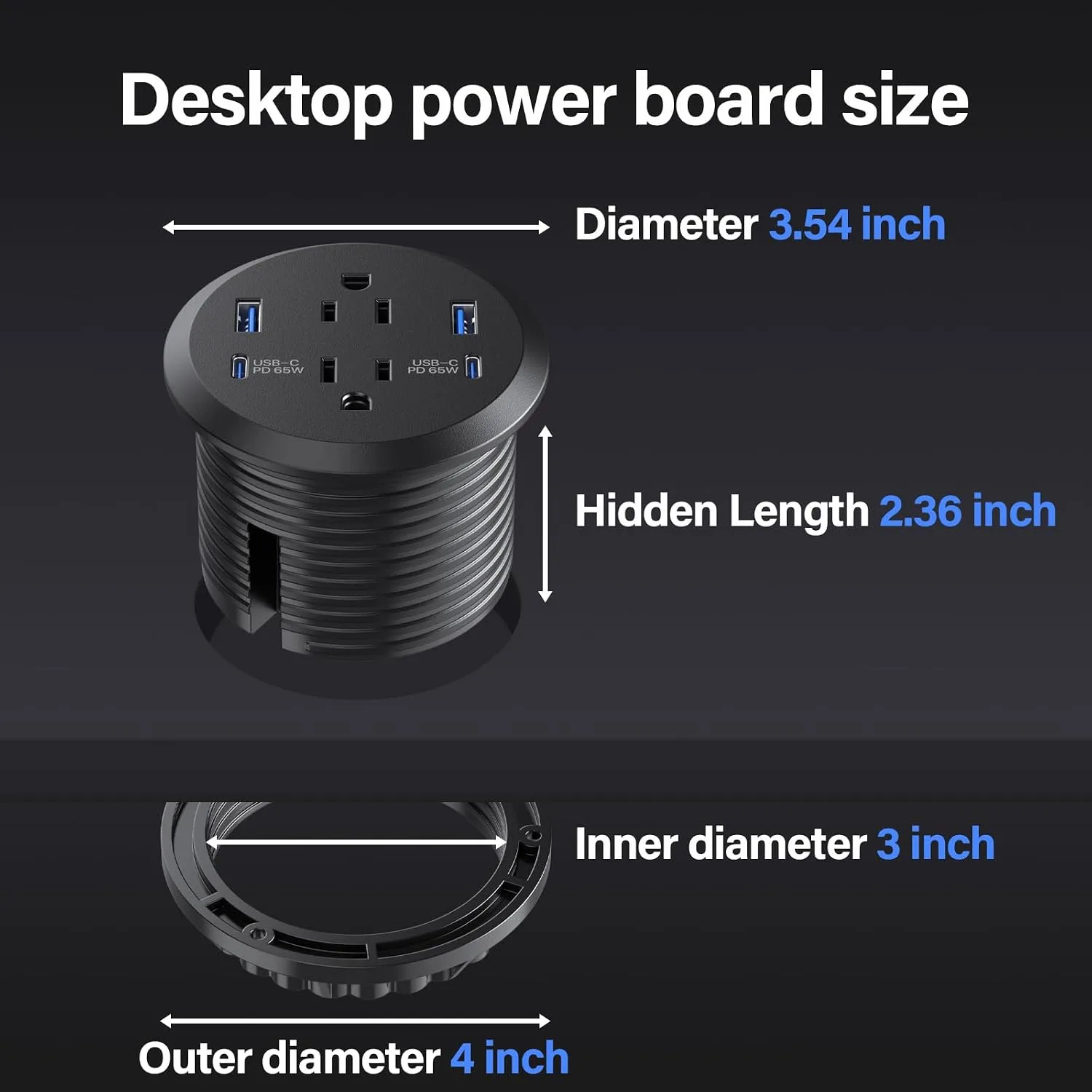 Recessed Power Grommet 65W USB-C,2 Outlets,Flush-Mount,Black